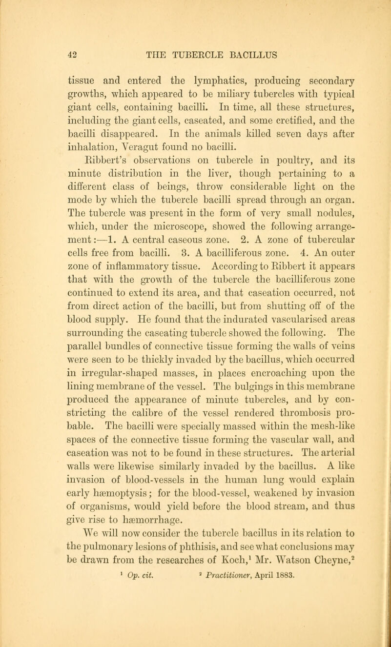 tissue and entered the lymphatics, producing secondary growths, which appeared to be miliary tubercles with typical giant cells, containing bacilli. In time, all these structures, including the giant cells, caseated, and some cretified, and the bacilli disappeared. In the animals killed seven days after inhalation, Veragut found no bacilli. Eibbert's observations on tubercle in poultry, and its minute distribution in the liver, though pertaining to a different class of beings, throw considerable light on the mode by which the tubercle bacilli spread through an organ. The tubercle was present in the form of very small nodules, which, under the microscope, showed the following arrange- ment :—1. A central caseous zone. 2. A zone of tubercular cells free from bacilli. 3. A bacilliferous zone. 4. An outer zone of inflammatory tissue. According to Eibbert it appears that with the growth of the tubercle the bacilliferous zone continued to extend its area, and that caseation occurred, not from direct action of the bacilli, but from shutting off of the blood supply. He found that the indurated vascularised areas surrounding the caseating tubercle showed the following. The parallel bundles of connective tissue forming the walls of veins were seen to be thickly invaded by the bacillus, which occurred in irregular-shaped masses, in places encroaching upon the lining membrane of the vessel. The bulgings in this membrane produced the appearance of minute tubercles, and by con- stricting the calibre of the vessel rendered thrombosis pro- bable. The bacilli were specially massed within the mesh-like spaces of the connective tissue forming the vascular wall, and caseation was not to be found in these structures. The arterial walls were likewise similarly invaded by the bacillus. A like invasion of blood-vessels in the human lung would explain early haemoptysis; for the blood-vessel, weakened by invasion of organisms, would yield before the blood stream, and thus give rise to haemorrhage. We will now consider the tubercle bacillus in its relation to the pulmonary lesions of phthisis, and see what conclusions may be drawn from the researches of Koch,1 Mr. Watson Cheyne,2 1 Op. cit. 2 Practitioner, April 1883.
