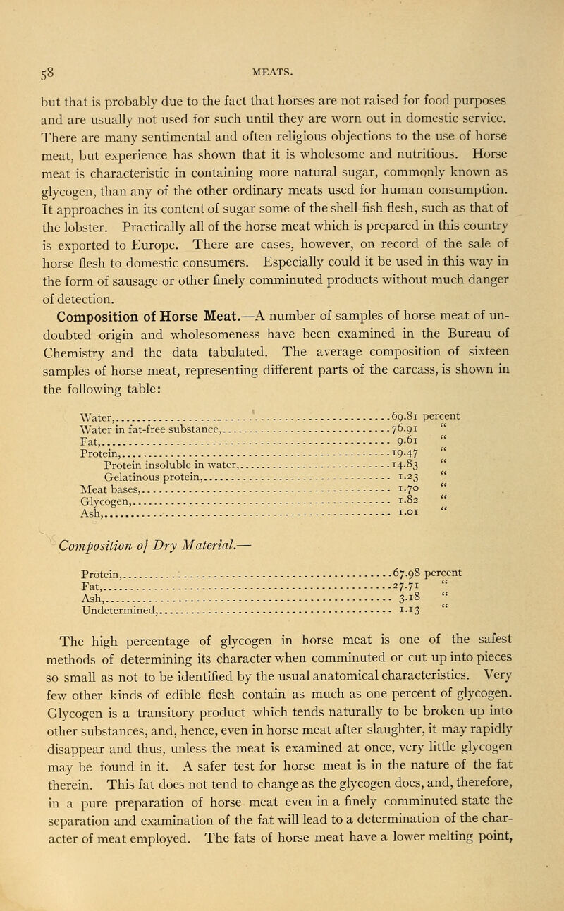 but that is probably due to the fact that horses are not raised for food purposes and are usually not used for such until they are worn out in domestic service. There are many sentimental and often religious objections to the use of horse meat, but experience has shown that it is wholesome and nutritious. Horse meat is characteristic in containing more natural sugar, commonly known as glycogen, than any of the other ordinary meats used for human consumption. It approaches in its content of sugar some of the shell-fish flesh, such as that of the lobster. Practically all of the horse meat which is prepared in this country is exported to Europe. There are cases, however, on record of the sale of horse flesh to domestic consumers. Especially could it be used in this way in the form of sausage or other finely comminuted products without much danger of detection. Composition of Horse Meat.—A number of samples of horse meat of un- doubted origin and wholesomeness have been examined in the Bureau of Chemistry and the data tabulated. The average composition of sixteen samples of horse meat, representing different parts of the carcass, is shown in the following table: Water, 69.81 percent Water in fat-free substance, 76-91 Fat, 9-61 Protein, - - ia-47 Protein insoluble in water, 14-83 Gelatinous protein, 1.23 Meat bases, i-7° Glycogen, 1-82 Ash, 1.01 Composition of Dry Material.— Protein, 67.98 percent Fat, 27.71 Ash, 318 Undetermined, 1.13 The high percentage of glycogen in horse meat is one of the safest methods of determining its character when comminuted or cut up into pieces so small as not to be identified by the usual anatomical characteristics. Very few other kinds of edible flesh contain as much as one percent of glycogen. Glycogen is a transitory product which tends naturally to be broken up into other substances, and, hence, even in horse meat after slaughter, it may rapidly disappear and thus, unless the meat is examined at once, very little glycogen may be found in it. A safer test for horse meat is in the nature of the fat therein. This fat does not tend to change as the glycogen does, and, therefore, in a pure preparation of horse meat even in a finely comminuted state the separation and examination of the fat will lead to a determination of the char- acter of meat employed. The fats of horse meat have a lower melting point,
