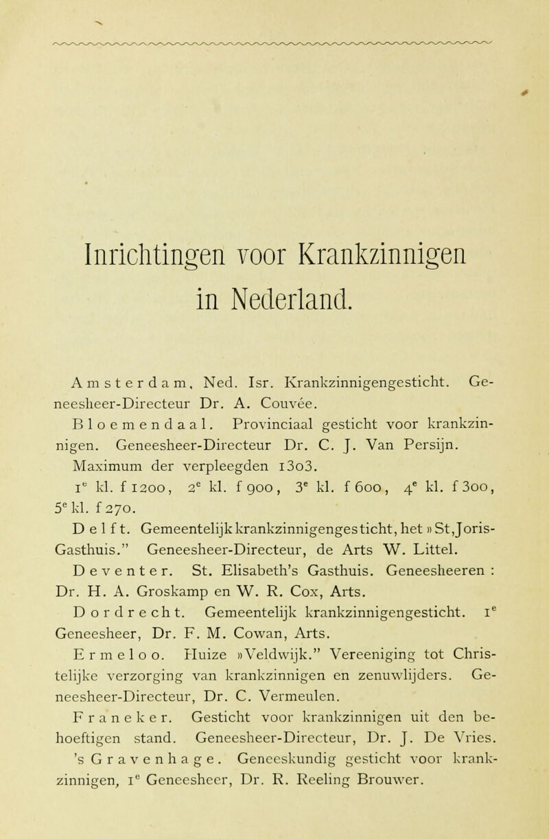 Inrichtingen voor Krankzinnigen in Nederland. Amsterdam, Ned. Isr. Krankzinnigengesticht. Ge- neesheer-Directeur Dr. A. Couvée. Bloemendaal. Provinciaal gesticht voor krankzin- nigen. Geneesheer-Directeur Dr. C. J. Van Persijn. Maximum der verpleegden i3o3. iB kl. f 1200, 2e kl. f900, 3e kl. f600, 4e kl. f3oo, 5ekl. f270. Delft. Gemeentelijk krankzinnigengesticht, het»Stjoris- Gasthuis. Geneesheer-Directeur, de Arts W. Littel. Deventer. St. Elisabeth's Gasthuis. Geneesheeren : Dr. H. A. Groskamp en W. R. Cox, Arts. Dordrecht. Gemeentelijk krankzinnigengesticht. Ie Geneesheer, Dr. F. M. Cowan, Arts. Er mei o o. Huize oVeldwijk. Vereeniging tot Chris- telijke verzorging van krankzinnigen en zenuwlijders. Ge- neesheer-Directeur, Dr. C. Vermeulen. Franeker, Gesticht voor krankzinnigen uit den be- hoeftigen stand. Geneesheer-Directeur, Dr. J. De Vries. 's Gravenhage. Geneeskundig gesticht voor krank- zinnigen, ie Geneesheer, Dr. R. Reeling Brouwer.