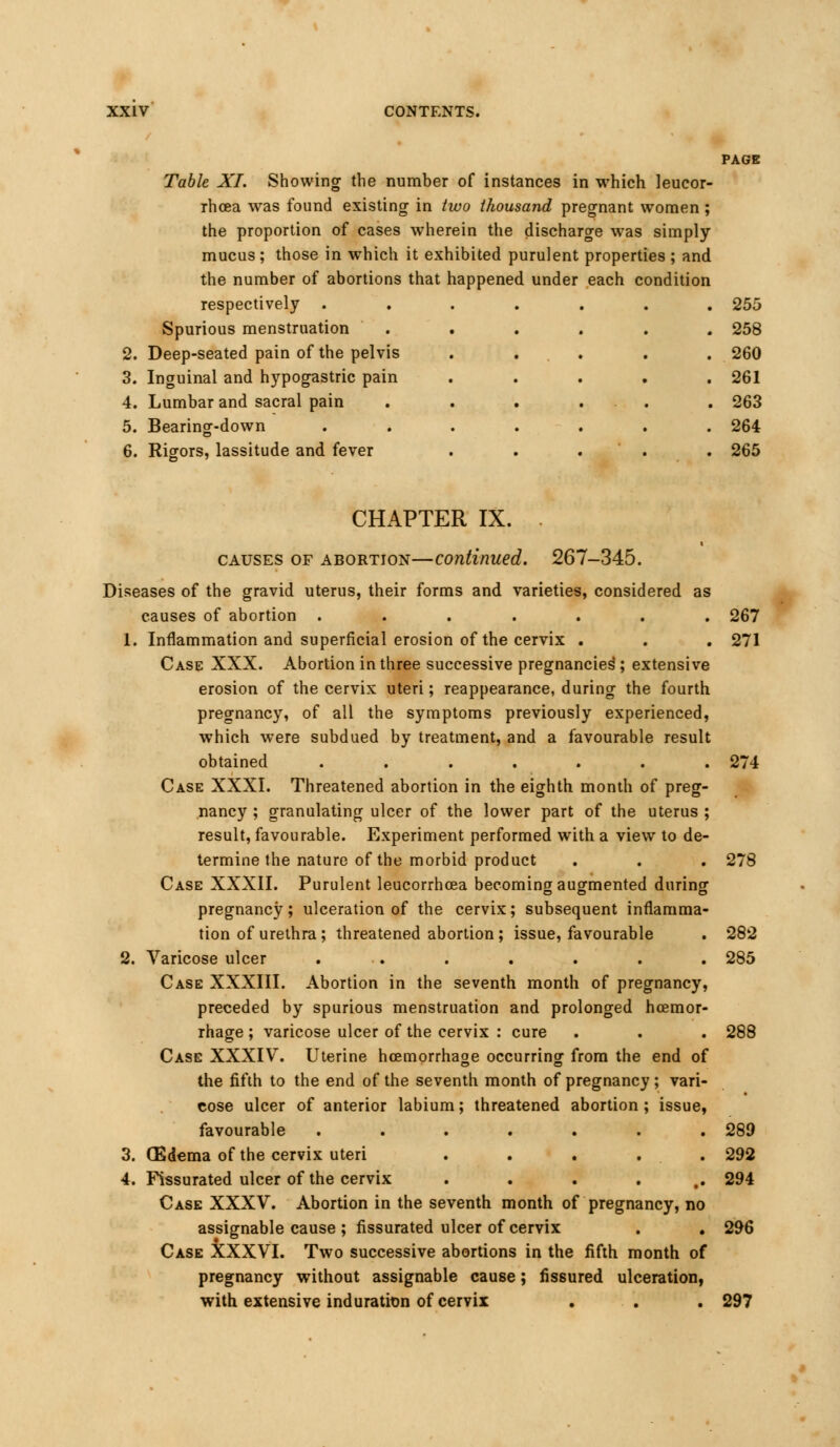 PAGE Table XL Showing the number of instances in which leucor- rhcea was found existing in two thousand pregnant women ; the proportion of cases wherein the discharge was simply mucus; those in which it exhibited purulent properties ; and the number of abortions that happened under each condition respectively ....... 255 Spurious menstruation . . . . . . 258 2. Deep-seated pain of the pelvis . . . . . 260 3. Inguinal and hypogastric pain ..... 261 4. Lumbar and sacral pain . . . ... . 263 5. Bearing-down ....... 264 6. Rigors, lassitude and fever ..... 265 CHAPTER IX. . causes of abortion—continued. 267-345. Diseases of the gravid uterus, their forms and varieties, considered as causes of abortion ....... 267 1. Inflammation and superficial erosion of the cervix . . . 271 Case XXX. Abortion in three successive pregnancies'; extensive erosion of the cervix uteri; reappearance, during the fourth pregnancy, of all the symptoms previously experienced, which were subdued by treatment, and a favourable result obtained ....... 274 Case XXXI. Threatened abortion in the eighth month of preg- nancy ; granulating ulcer of the lower part of the uterus ; result, favourable. Experiment performed with a view to de- termine the nature of the morbid product . . . 278 Case XXXII. Purulent leucorrhcea becoming augmented during pregnancy; ulceration of the cervix; subsequent inflamma- tion of urethra; threatened abortion ; issue, favourable . 282 2. Varicose ulcer . . . . . . 285 Case XXXIII. Abortion in the seventh month of pregnancy, preceded by spurious menstruation and prolonged hoemor- rhage ; varicose ulcer of the cervix : cure . . . 288 Case XXXIV. Uterine hcemorrhage occurring from the end of the fifth to the end of the seventh month of pregnancy; vari- cose ulcer of anterior labium; threatened abortion; issue, favourable ....... 289 3. CBdema of the cervix uteri . . . . . 292 4. Fissurated ulcer of the cervix ...... 294 Case XXXV. Abortion in the seventh month of pregnancy, no assignable cause ; fissurated ulcer of cervix . . 296 Case XXXVI. Two successive abortions in the fifth month of pregnancy without assignable cause; fissured ulceration, with extensive induration of cervix . . . 297