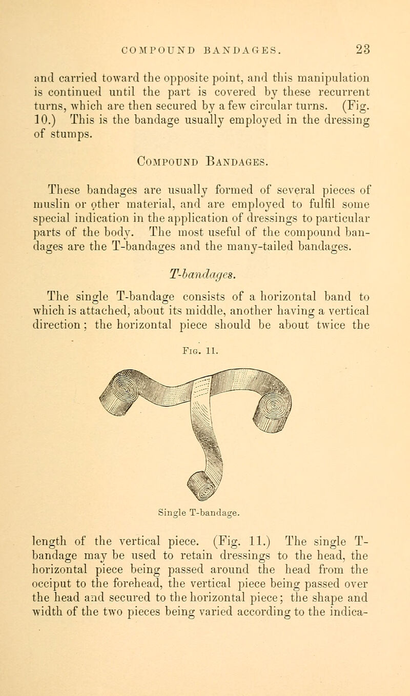 and carried toward the opposite point, and this manipulation is continued until the part is covered by these recurrent turns, which are then secured by a few circular turns. (Fig. 10.) This is the bandage usually employed in the dressing of stumps. Compound Bandages. These bandages are usually formed of several pieces of muslin or other material, and are employed to fulfil some special indication in the application of dressings to particular parts of the body. The most useful of the compound ban- dages are the T-bandages and the many-tailed bandages. T-bandages. The single T-bandage consists of a horizontal band to which is attached, about its middle, another having a vertical direction; the horizontal piece should be about twice the Fig. 11. Single T-bandage. length of the vertical piece. (Fig. 11.) The single T- bandage may be used to retain dressings to the head, the horizontal piece being passed around the head from the occiput to the forehead, the vertical piece being passed over the head and secured to the horizontal piece; the shape and width of the two pieces being varied according to the indica-