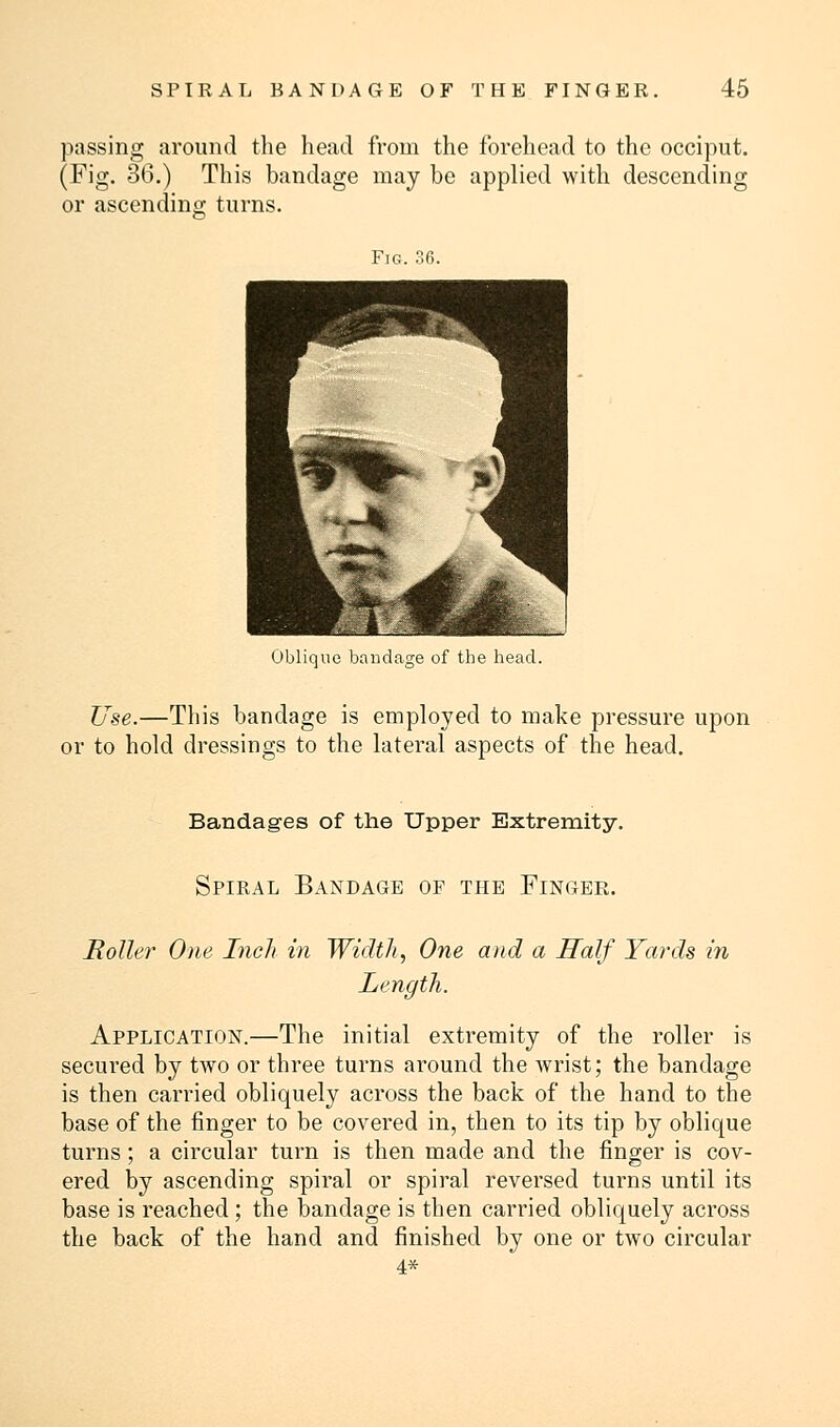 passing around the head from the forehead to the occiput. (Fig. 36.) This bandage may be applied with descending or ascending turns. Fig. 36. Oblique bandage of the head. Use.—This bandage is employed to make pressure upon or to hold dressings to the lateral aspects of the head. Bandages of the Upper Extremity. Spiral Bandage of the Finger. Boiler One Inch in Width, One and a Half Yards in Length. Application.—The initial extremity of the roller is secui'ed by two or three turns around the wrist; the bandage is then carried obliquely across the back of the hand to the base of the finger to be covered in, then to its tip by oblique turns ; a circular turn is then made and the finger is cov- ered by ascending spiral or spiral reversed turns until its base is reached ; the bandage is then carried obliquely across the back of the hand and finished by one or two circular 4*