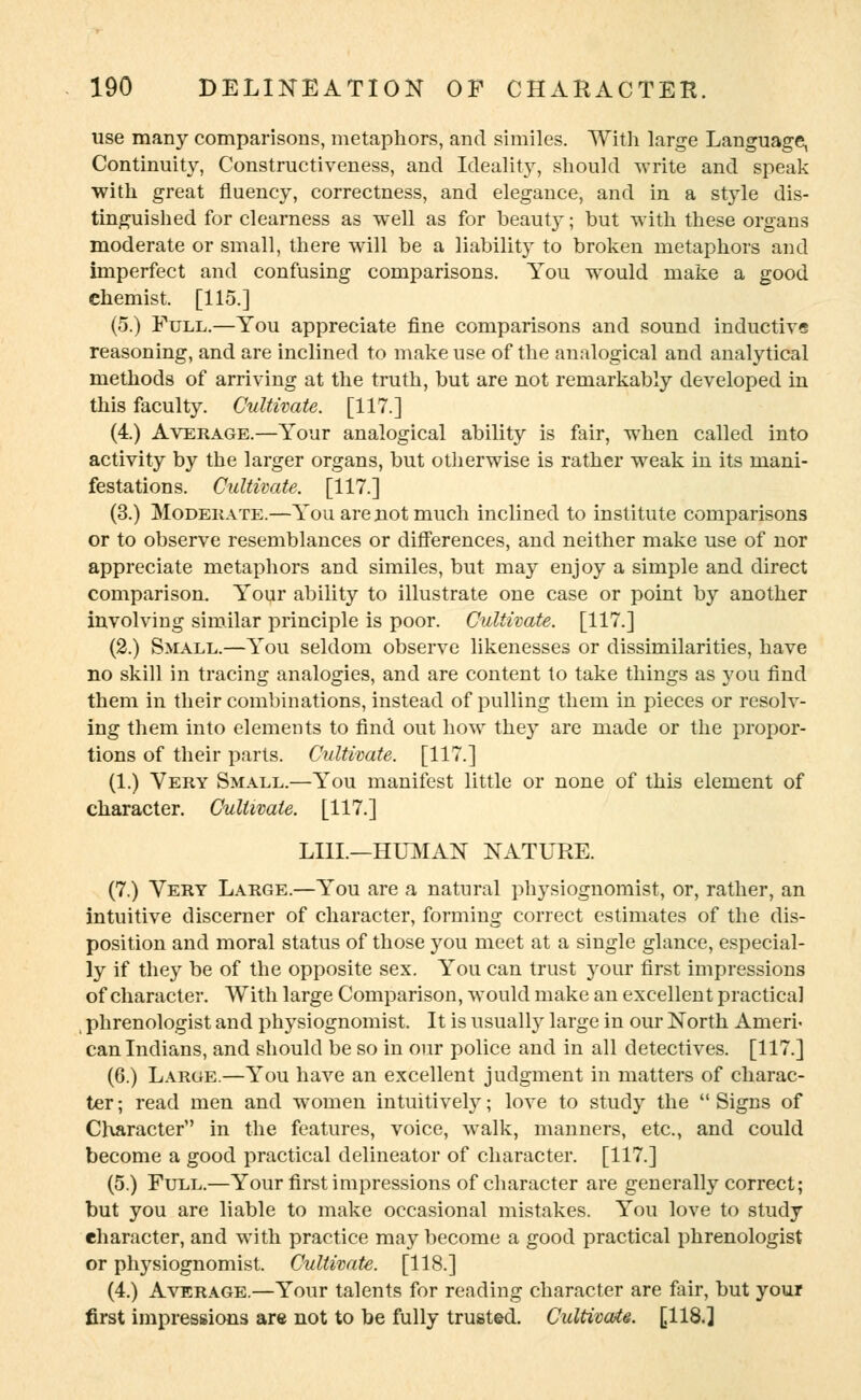 use many comparisons, metaphors, and similes. With large Language, Continuity, Constructiveness, and Idealit}7, should write and speak with great fluency, correctness, and elegance, and in a style dis- tinguished for clearness as well as for beautjT; but with these organs moderate or small, there will be a liability to broken metaphors and imperfect and confusing comparisons. You would make a good chemist. [115.] (5.) Full.—You appreciate fine comparisons and sound inductive reasoning, and are inclined to make use of the analogical and analytical methods of arriving at the truth, but are not remarkably developed in this faculty. Cultivate. [117.] (4.) Average.—Your analogical ability is fair, when called into activity by the larger organs, but otherwise is rather weak in its mani- festations. Cultivate. [117.] (3.) Moderate.—You are not much inclined to institute comparisons or to observe resemblances or differences, and neither make use of nor appreciate metaphors and similes, but may enjoy a simple and direct comparison. Your ability to illustrate one case or point by another involving similar principle is poor. Cultivate. [117.] (2.) Small.—You seldom observe likenesses or dissimilarities, have no skill in tracing analogies, and are content to take things as }7ou find them in their combinations, instead of pulling them in pieces or resolv- ing them into elements to find out how they are made or the propor- tions of their parts. Cultivate. [117.] (1.) Very Small.—You manifest little or none of this element of character. Cultivate. [117.] LIIL—HUMAN NATURE. (7.) Very Large.—You are a natural physiognomist, or, rather, an intuitive discerner of character, forming correct estimates of the dis- position and moral status of those you meet at a single glance, especial- ly if they be of the opposite sex. You can trust your first impressions of character. With large Comparison, would make an excellent practical phrenologist and physiognomist. It is usually large in our North Ameri- can Indians, and should be so in our police and in all detectives. [117.] (6.) Large.—You have an excellent judgment in matters of charac- ter ; read men and women intuitively; love to study the  Signs of Character in the features, voice, walk, manners, etc., and could become a good practical delineator of character. [117.] (5.) Full.—Your first impressions of character are generally correct; but you are liable to make occasional mistakes. You love to study character, and with practice may become a good practical phrenologist or physiognomist. Cultivate. [118.] (4.) Average.—Your talents for reading character are fair, but your first impressions are not to be fully trusted. Cultivate. [118.]