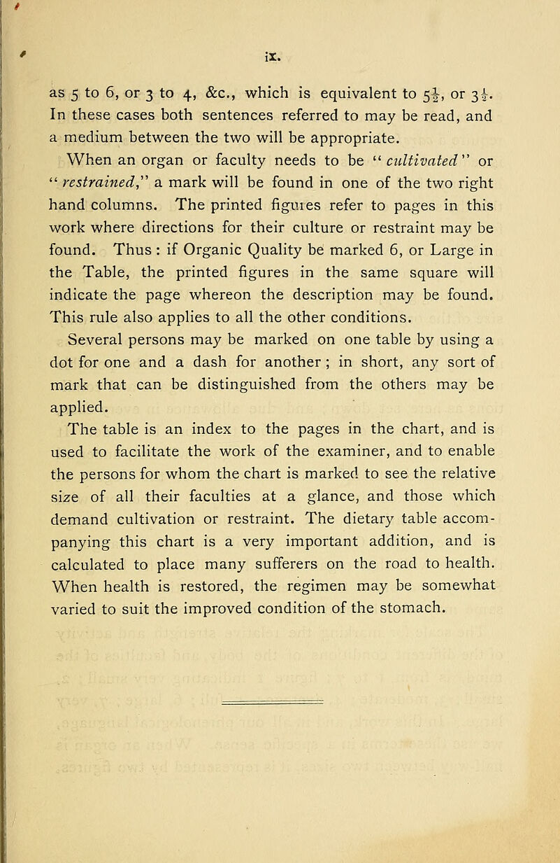 as 5 to 6, or 3 to 4, &c., which is equivalent to 5^, or 3^. In these cases both sentences referred to may be read, and a medium between the two will be appropriate. When an organ or faculty needs to be ^^ cultivated'' or  restrained,'' a mark will be found in one of the two right hand columns. The printed figures refer to pages in this work where directions for their culture or restraint may be found. Thus : if Organic Quality be marked 6, or Large in the Table, the printed figures in the same square will indicate the page whereon the description may be found. This rule also applies to all the other conditions. Several persons may be marked on one table by using a dot for one and a dash for another ; in short, any sort of mark that can be distinguished from the others may be applied. The table is an index to the pages in the chart, and is used to facilitate the work of the examiner, and to enable the persons for whom the chart is marked to see the relative size of all their faculties at a glance, and those which demand cultivation or restraint. The dietary table accom- panying this chart is a very important addition, and is calculated to place many sufferers on the road to health. When health is restored, the regimen may be somewhat varied to suit the improved condition of the stomach.