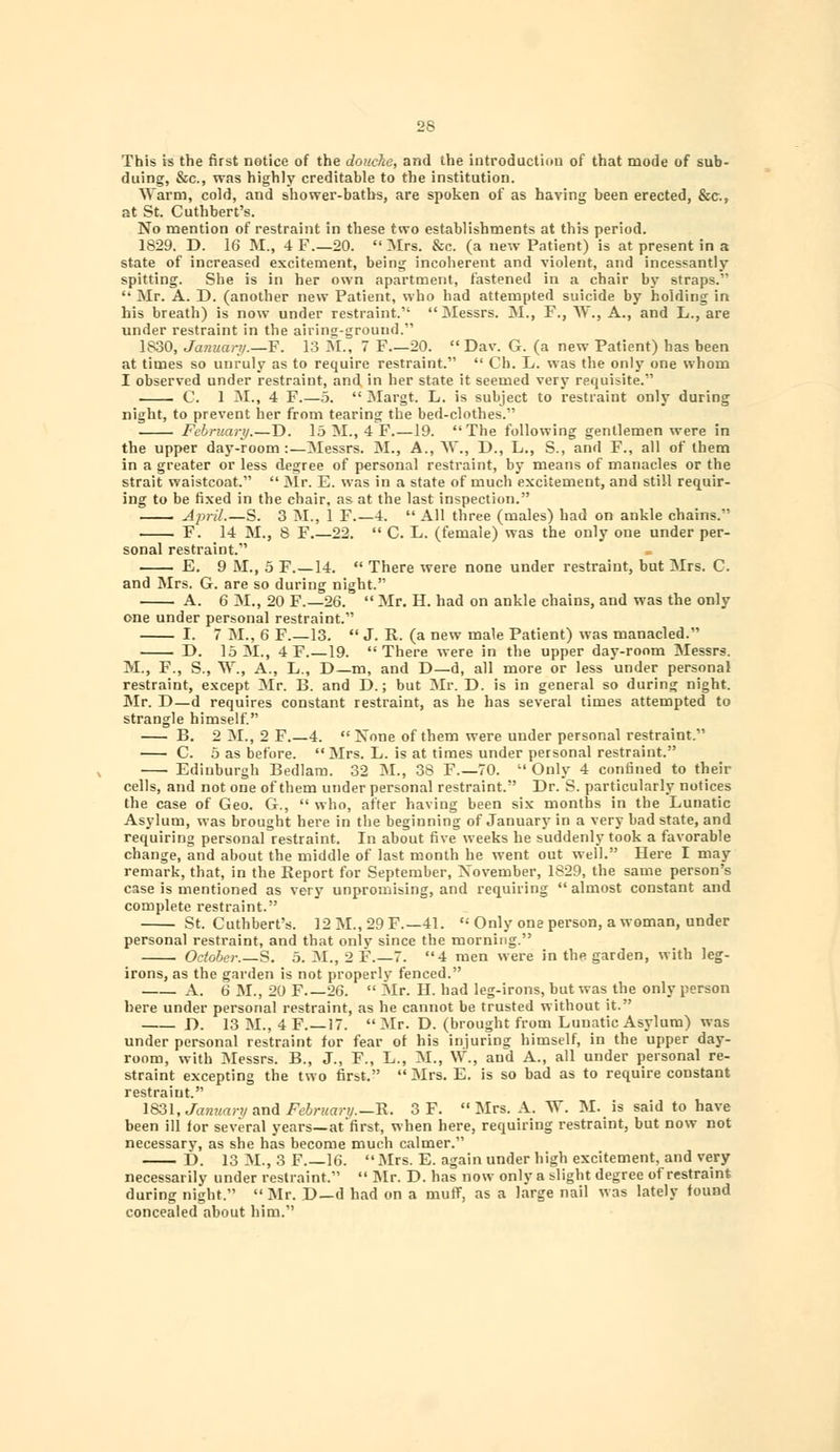 This is the first notice of the douche, and the introduction of that mode of sub- duing, &c, was highly creditable to the institution. Warm, cold, and shower-baths, are spoken of as having been erected, &c, at St. Cuthbert's. No mention of restraint in these two establishments at this period. 1829. D. 16 M., 4 F.—20.  Mrs. &c. (a new Patient) is at present in a state of increased excitement, being incoherent and violent, and incessantly spitting. She is in her own apartment, fastened in a chair by straps.  Mr. A. D. (another new Patient, who had attempted suicide by holding in his breath) is now under restraint. Messrs. M., F., W., A., and L., are under restraint in the airing-grouud. 1S30, January.—F. 13 M, 7 F 20.  Dav. G. (a new Patient) has been at times so unruly as to require restraint.  Ch. L. was the only one whom I observed under restraint, and in her state it seemed very requisite. C. 1 M., 4 F.—5.  Margt. L. is subject to restraint only during night, to prevent her from tearing the bed-clothes. February.—D. 15 M., 4 F.—19.  The following gentlemen were in the upper day-room:—Messrs. M., A., W., D., L., S., and F., all of them in a greater or less degree of personal restraint, by means of manacles or the strait waistcoat.  Mr. E. was in a state of much excitement, and still requir- ing to be fixed in the chair, as at the last inspection. April.—S. 3 M., 1 F.—4. All three (males) had on ankle chains. . F. 14 M., 8 F.—22.  C. L. (female) was the only one under per- sonal restraint. • E. 9 M., 5 F.—14.  There were none under restraint, but Mrs. C. and Mrs. G. are so during night. A. 6 M., 20 F.—26.  Mr. H. had on ankle chains, and was the only one under personal restraint. I. 7 M., 6 F.—13.  J. R. (a new male Patient) was manacled. D. 15 31., 4 F.—19. There were in the upper day-room Messrs. M., F., S., W., A., L., D—m, and D—d, all more or less under personal restraint, except Mr. B. and D.; but Mr. D. is in general so during night. Mr. D—d requires constant restraint, as he has several times attempted to strangle himself. B. 2 M., 2 F 4. None of them were under personal restraint. C. 5 as before.  Mrs. L. is at times under personal restraint. Edinburgh Bedlam. 32 M., 38 F.—70.  Only 4 confined to their cells, and not one of them under personal restraint. Dr. S. particularly notices the case of Geo. G.,  who, after having been six months in the Lunatic Asylum, was brought here in the beginning of January in a very bad state, and requiring personal restraint. In about five weeks he suddenly took a favorable change, and about the middle of last month he went out well. Here I may remark, that, in the Report for September, November, 1829, the same person's case is mentioned as very unpromising, and requiring almost constant and complete restraint. St. Cuthbert's. 12 M., 29 F.—41. '•' Only one person, a woman, under personal restraint, and that only since the morning. October.—S. 5. M., 2 F.—7. 4 men were in the garden, with leg- irons, as the garden is not properly fenced. A. 6 M., 20 F 26.  Mr. H. had leg-irons, but was the only person here under personal restraint, as he cannot be trusted without it. I). 13 M., 4 F.—17. Mr. D. (brought from Lunatic Asylum) was under personal restraint for fear of his injuring himself, in the upper day- room, with Messrs. B., J., F., L., M., W, and A., all under personal re- straint excepting the two first.  Mrs. E. is so bad as to require constant restraint. 1831, January and February.—R. 3 F. Mrs. A. W. M. is said to have been ill for several years—at'first, when here, requiring restraint, but now not necessary, as she has become much calmer. D. 13 M., 3 F 16.  Mrs. E. again under high excitement, and very necessarily under restraint.  Mr. D. has now only a slight degree of restraint during night. Mr. D—d had on a muff, as a large nail was lately found concealed about him.