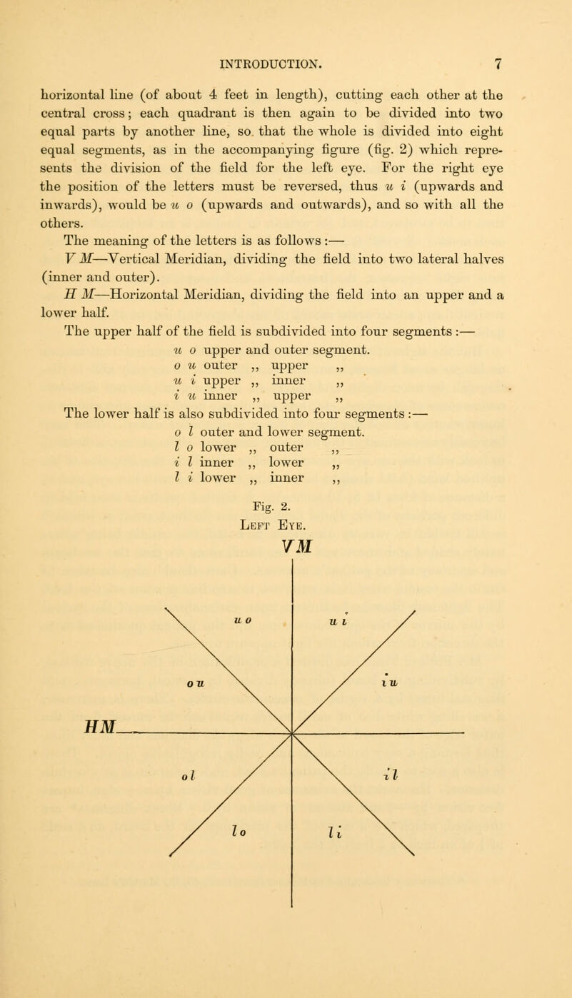 horizontal line (of aboat 4 feet in length), cutting each other at the central cross; each quadrant is then again to be divided into two equal parts by another Hne, so. that the whole is divided into eight equal segments, as in the accompanying figure (fig. 2) which repre- sents the division of the field for the left eye. For the right eye the position of the letters must be reversed, thus u i (upwards and inwards), would be u o (upwards and outwards), and so with all the others. The meaning of the letters is as follows :— V M—Vertical Meridian, dividing the field into two lateral halves (inner and outer). H M—Horizontal Meridian, dividing the field into an upper and a lower half. The upper half of the field is subdivided into four segments :— u 0 upper and outer segment. 0 u outer ,, upper ,, u i upper ,, inner ,, i u inner ,, upper ,, The lower half is also subdivided into foiu* segments :— 0 I outer and lower segment. 1 0 lower ,, outer ,, i I inner ,, lower ,, I i lower ,, inner ,, Fig. 2. Left Eye. \^ U 0 U I / ov. \ / \Vb ol lo It il