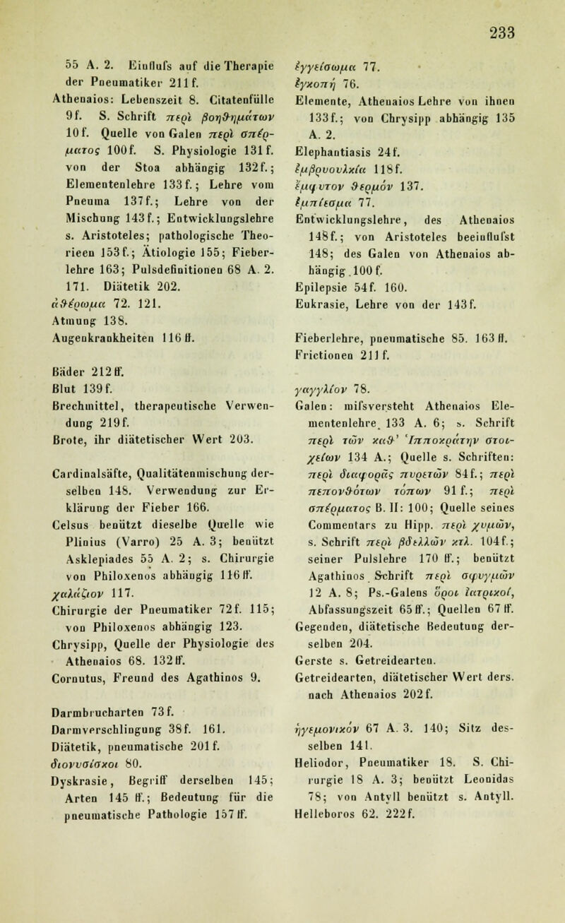 55 A. 2. Eiuflufs auf die Therapie der Pneumatiker 211 f. Atheüaios: Lebenszeit 8. Citatenfüllc 9 f. S. Schrift negi ßorf&tjftänov 10 f. Quelle von Galen ntgl ontq- fiarog 100 f. S. Physiologie 131 f. von der Stoa abhängig 132 f.; Elementenlehre 133f.; Lehre vom Pnetima 137 f.; Lehre von der Mischung 143f.; Entwicklungslehre s. Aristoteles; pathologische Theo- rieen 153f.; Ätiologie 155; Fieber- lehre 163; Pulsdefinitionen 68 A. 2. 171. Diätetik 202. crfHQtofia 72. 121. Atmung 138. Augenkrankheiten 11611. Bäder 212 ff. Blut 139 f. Brechmittel, therapeutische Verwen- dung 219f. Brote, ihr diätetischer Wert 203. Cardinalsäfte, Qualitätenmischung der- selben 148. Verwendung zur Er- klärung der Fieber 166. Celsus benutzt dieselbe Quelle wie Plinius (Varro) 25 A. 3; benützt Asklepiades 55 A. 2; s. Chirurgie von Philoxenos abhängig 11611'. Xalufyov 117. Chirurgie der Pneumatiker 72f. 115; von Philoxenos abhängig 123. Chrysipp, Quelle der Physiologie des Athenaios 68. 132 if. Cornutus, Freund des Agathinos 9. Darmbiucharten 73f. Darmverschlingung 38f. 161. Diätetik, pneumatische 201 f. SiovvaCaxoi 80. Dyskrasie, Begriff derselben 145; Arten 145 ff.; Bedeutung für die pneumatische Pathologie 157 If. iyytiaiafia 77. fyxonrj 76. Elemente, Athenaios Lehre von ihnen 133 f.; von Chrysipp abhängig 135 A. 2. Elephantiasis 24f. {(AßqvovXxlu 118 f. (f.i(fvrov 9iQfiov 137. tf^nlta^ct 77. Entwicklungslehre, des Athenaios 148f.; von Aristoteles beeiullul'st 148; des Galen von Athenaios ab- hängig. 100 f. Epilepsie 54 f. 160. Eukrasie, Lehre von der 143 f. Fieberlehre, pneumatische 85. 16311. Frictionen 211 f. yayyXCov 78. Galen: mifsversteht Athenaios Ele- mentenlehre_ 133 A. 6; s. Schrift TTfpl rwv xu&' 'iTinoxQÜtrjV 0101- /c((ov 134 A.; Quelle s. Schrifteu: ncgl ät-uifOQÜi nvQtrtüv 84f.; ntQl 7l(7lOV9ÖT(OV T07KÜV 911'.; TllQl antQfxaios B. II: 100; Quelle seines Commenlars zu Hipp. tiiqI %vfxiöv, s. Schrift 71(qI ßötXXui' xiX. 104f.; seiner Pulslehre 170 ff.; benützt Agathinos Schrift niQ'i. aifvy/.i(öv 12 A. 8; Ps.-Galens oqoi. iaiQixot, Abfassungszeit 65 ff.; Quellen 67 ff. Gegenden, diätetische Bedeutung der- selben 204. Gerste s. Getreidearteu. Getreidearten, diätetischer Wert ders. nach Athenaios 202 f. riytfj.ovixov 67 A. 3. 140; Sitz des- selben 141. Heliodor, Pneumatiker 18. S. Chi- rurgie 18 A. 3; benützt Leonidas 78; von Antyll benützt s. Antyll. Helleboros 62. 222 f.