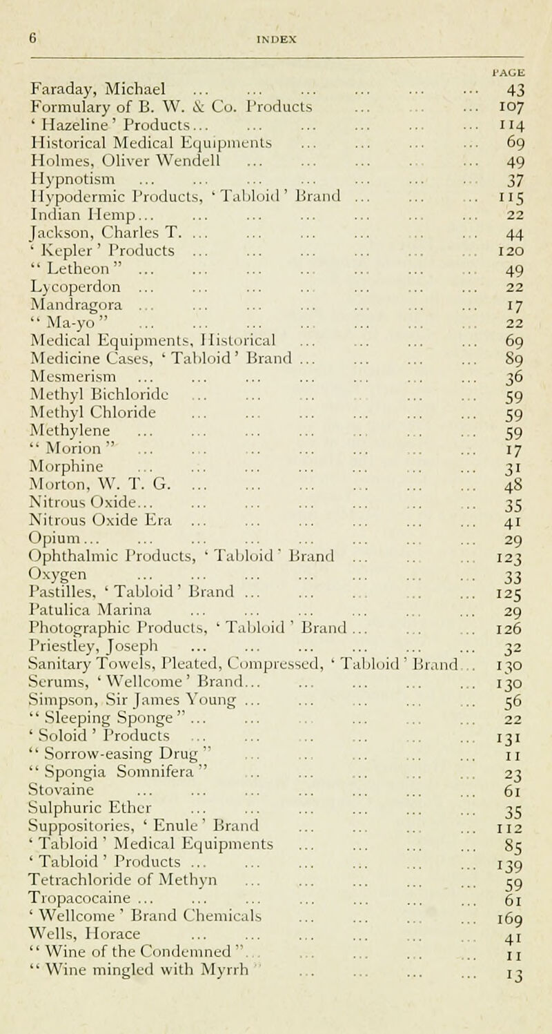 Faraday, Michael Formulary of B. W. & Co. Products ' Hazeline' Products... Historical Medical Equipments Holmes, Oliver Wendell Hypnotism Hypodermic Products, 'Tabloid' 1» Indian Hemp... Jackson, Charles T. ... 1 Kepler' Products ...  Letheon ... Lycoperdon ... Mandragora ...  Ma-yo  Medical Equipment.1-, Fiistorical Medicine Cases, 'Tabloid' Brand . Mesmerism Methyl Bichloride Methyl Chloride Methylene  Morion  Morphine Morton, W. T. G Nitrous Oxide... Nitrous Oxide Era ... Opium... Ophthalmic Products, ' Tal Oxygen Pastilles, 'Tabloid' Brand Patulica Marina Photographic Products, ' Tabloid ' B Priestley, Joseph Sanitary Towels, Pleated, Compressed Serums, 'Wellcome' Brand... Simpson, Sir James Young ... '' Sleeping Sponge ... ' Soloid ' Products  Sorrow-easing Drug   Spongia Somnifera  Stovaine Sulphuric Ether Suppositories, ' Enule ' Brand ' Tabloid ' Medical Equipments ' Tabloid ' Products ... Tetrachloride of Methyn Tropacocaine ... ' Wellcome ' Brand Chemicals Wells, Horace  Wine of the Condemned ...  Wine mingled with Myrrh )loid ' Brand rand fabloid rand.