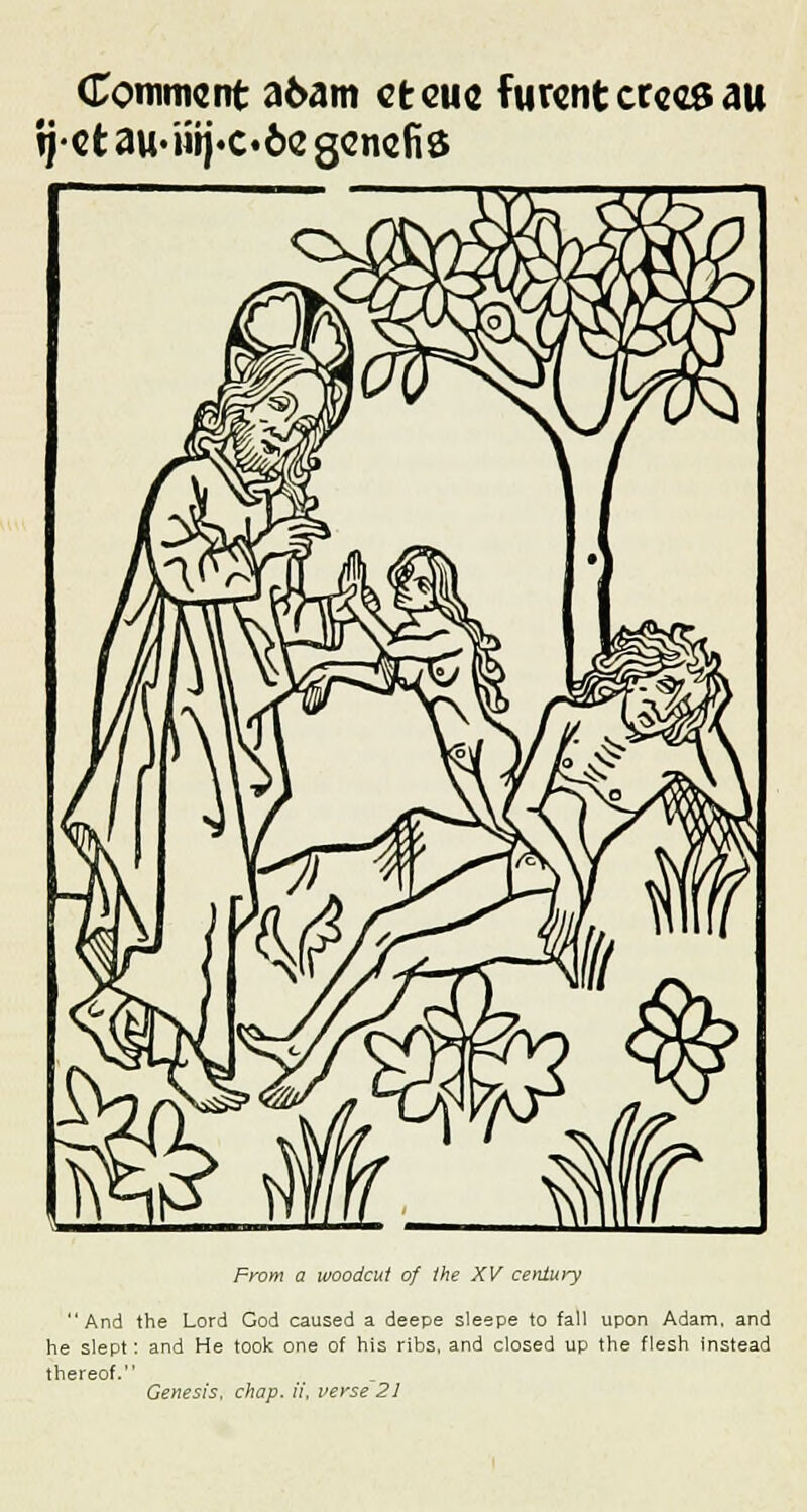 Comment a6am ctcuc furcnt crccs au 5jctau.iuj.c«&<2gcnefi8 From a woodcut of the XV century And the Lord God caused a deepe sleepe to fall upon Adam, and he slept: and He took one of his ribs, and closed up the flesh instead thereof. Genesis, chap, u, verse 21