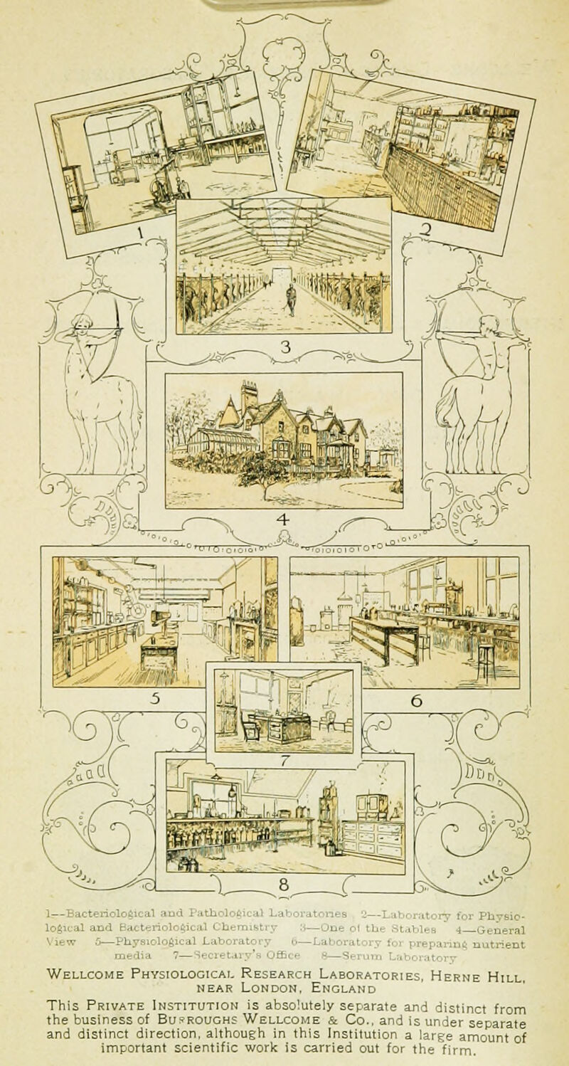 lofiical and Bacteriological Chemistry —One ol thi Stables a General 5—KiyBiolofiical Laboratory ■■ -Laboral parinf nutrient me tia :_.;.,'■:'. Wellcome Physiological Research Laboratories, Herne Hill near London, England This Private Institution is absolutely separate and distinct from the business of Burroughs Wellcome & Co., and is under separate and distinct direction, although in this Institution a large amount of important scientific work is carried out for the firm.