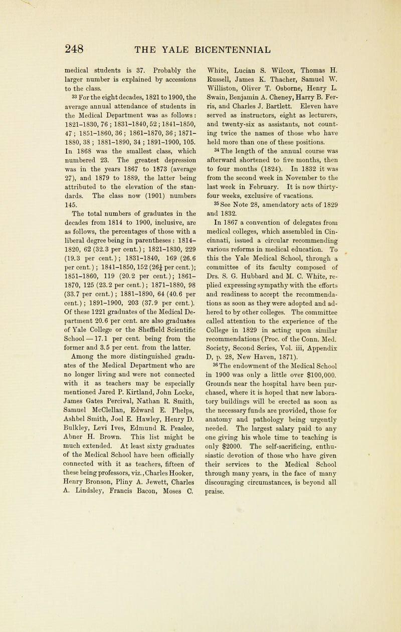 medical students is 37. Probably the larger number is explained by accessions to the class. 33 Torthe eightdecades, 1821 to 1900, the average annual attendance of students in the Medical Department was as follows: 1821-1830, 76 ; 1831-1840, 52 ; 1841-1860, 47 ; 1851-1860, 36 ; 1861-1870, 36 ; 1871- 1880, 38 ; 1881-1890, 34 ; 1891-1900, 105. In 1868 was the smallest class, which numbered 23. The greatest depression was in the years 1867 to 1873 (average 27), and 1879 to 1889, the latter being attributed to the elevation of the stan- dards. The class now (1901) numbers 145. The total numbers of graduates in the decades from 1814 to 1900, inclusive, are as follows, the percentages of those with a liberal degree being in parentheses : 1814- 1820, 62 (32.3 per cent.); 1821-1830, 229 (19.3 per cent.); 1831-1840, 169 (26.6 per cent.); 1841-1850,152 (26J per cent.); 1851-1860, 119 (20.2 per cent.); 1861- 1870, 125 (23.2 per cent.); 1871-1880, 98 (33.7 per cent.); 1881-1890, 64 (40.6 per cent); 1891-1900, 203 (37.9 per cent.). Of these 1221 graduates of the Medical De- partment 20.6 per cent, are also graduates of Yale College or the Sheffield Scientific School —17.1 per cent, being from the former and 3.5 per cent, from the latter. Among the more distinguished gradu- ates of the Medical Department who are no longer living and were not connected with it as teachers may be especially mentioned Jared P. Kirtland, John Locke, James Gates Percival, Nathan R. Smith, Samuel McClellan, Edward E. Phelps, A,shbel Smith, Joel E. Hawley, Henry D. Bulkley, Levi Ives, Edmund R. Peaslee, Abner H. Brown. This list might be much extended. At least sixty graduates of the Medical School have been officially connected with it as teachers, fifteen of the.se being professors, viz., Charles Hooker, Henry Bronson, Pliny A. Jewett, Charles A. Lindsley, Francis Bacon, Moses C. White, Lucian S. Wilcox, Thomas H. Russell, James K. Thacher, Samuel W. Williston, Oliver T. Osborne, Henry L. Swain, Benjamin A. Cheney, Harry B. Fer- ris, and Charles J. Bartlett. Eleven have served as instructors, eight as lecturers, and twenty-six as assistants, not count- ing twice the names of those who have held more than one of these positions. 3* The length of the annual course was afterward shortened to five months, then to four months (1824). In 1832 it was from the second week in November to the last week in February. It is now thirty- four weeks, exclusive of vacations. 36 See Note 28, amendatory acts of 1829 and 1832. In 1867 a convention of delegates from medical colleges, which assembled in Cin- cinnati, issued a circular recommending various reforms in medical education. To this the Yale Medical School, through a committee of its faculty composed of Drs. S. G. Hubbard and M. C. White, re- plied expressing sympathy ^^■ith the efforts and readiness to accept the recommenda- tions as soon as they were adopted and ad- hered to by other colleges. The committee called attention to the experience of the College in 1829 in acting upon similar recommendations (Proc. of the Conn. Med. Society, Second Series, Vol. iii. Appendix D, p. 28, New Haven, 1871). 38 The endowment of the Medical School in 1900 was only a little over ^100,000. Grounds near the hospital have been pur- chased, where it is hoped that new labora- tory buildings will be erected as soon as the necessary funds are provided, those for anatomy and pathology being urgently needed. The largest salary paid to any one giving his whole time to teaching is only $2000. The self-sacrificing, enthu- siastic devotion of those who have given their services to the Medical School through many years, in the face of many discouraging circumstances, is beyond all praise.