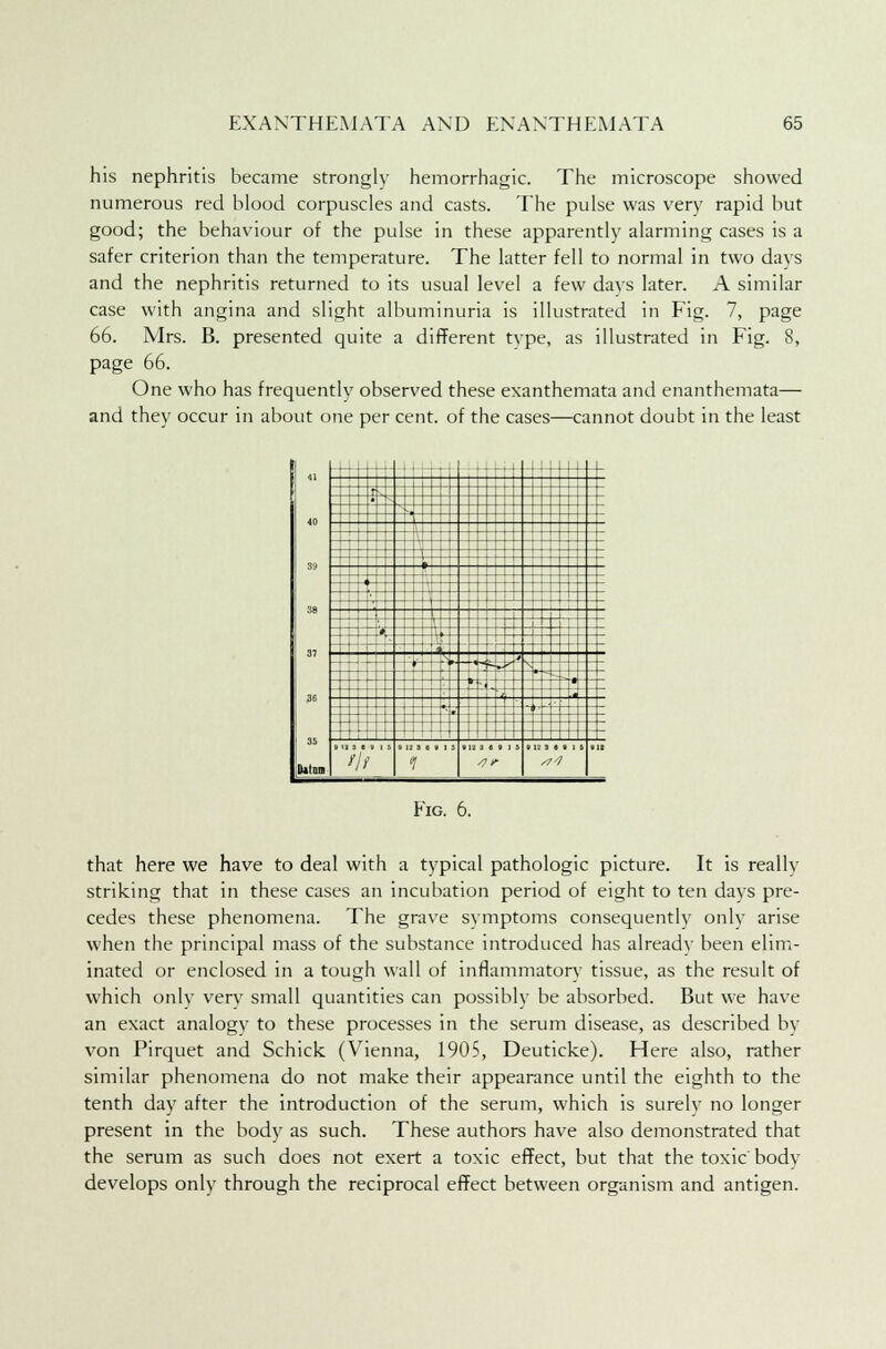 his nephritis became strongly hemorrhagic. The microscope showed numerous red blood corpuscles and casts. The pulse was very rapid but good; the behaviour of the pulse in these apparently alarming cases is a safer criterion than the temperature. The latter fell to normal in two days and the nephritis returned to its usual level a few days later. A similar case with angina and slight albuminuria is illustrated in Fig. 7, page 66. Mrs. B. presented quite a different type, as illustrated in Fig. 8, page 66. One who has frequently observed these exanthemata and enanthemata— and they occur in about one per cent, of the cases—cannot doubt in the least - p:#::::::::: 1± '=. I z X J ; i i . : ,. : i Z 38 4--C --- 1 J-  t  ■5:^ T-r l\ . . . .» - ii. -j- _ : ti',„ ■■ — ' • ' 1 i< ■■ a . 1 ! i ].: ;i .. - 1 ;. tat. '/' i IIH(tt) tin mis el! /J y s7'l Fig. 6. that here we have to deal with a typical pathologic picture. It is really striking that in these cases an incubation period of eight to ten days pre- cedes these phenomena. The grave symptoms consequently only arise when the principal mass of the substance introduced has already been elim- inated or enclosed in a tough wall of inflammatory tissue, as the result of which only very small quantities can possibly be absorbed. But we have an exact analogy to these processes in the serum disease, as described by von Pirquet and Schick (Vienna, 1905, Deuticke). Here also, rather similar phenomena do not make their appearance until the eighth to the tenth day after the introduction of the serum, which is surely no longer present in the body as such. These authors have also demonstrated that the serum as such does not exert a toxic effect, but that the toxic body develops only through the reciprocal effect between organism and antigen.