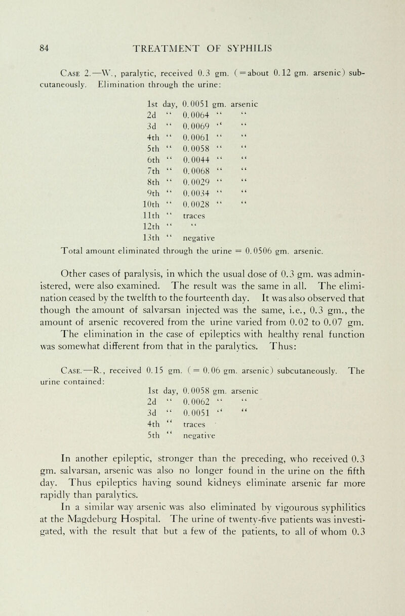 Case 2.—W., paralytic, received 0.3 gm. (= about 0.12 gm. arsenic) sub- cutaneously. Elimination through the urine: 1st day, 0.0051 gm. arsenic 2d ' 0.0064  3d ' 0.0069  4th ' 0.0061  5th ' 0.0058  6th ' 0.0044 ' 7th ' 0.0068  8th ' 0.0029  9th ' 0.0034  Kith ' 0.0028  11th ' traces 12th '  13th ' negative Total amount eliminated through the urine = 0.0506 gm. arsenic. Other cases of paralysis, in which the usual dose of 0.3 gm. was admin- istered, were also examined. The result was the same in all. The elimi- nation ceased by the twelfth to the fourteenth day. It was also observed that though the amount of salvarsan injected was the same, i.e., 0.3 gm., the amount of arsenic recovered from the urine varied from 0.02 to 0.07 gm. The elimination in the case of epileptics with healthy renal function was somewhat different from that in the paralytics. Thus: Case.—R., received 0.15 gm. ( = 0.06 gm. arsenic) subcutaneously. The urine contained: 1st day, 0.0058 gm. arsenic 2d  0.0062  3d  0.0051  4th  traces 5th  negative In another epileptic, stronger than the preceding, who received 0.3 gm. salvarsan, arsenic was also no longer found in the urine on the fifth day. Thus epileptics having sound kidneys eliminate arsenic far more rapidly than paralytics. In a similar way arsenic was also eliminated by vigourous syphilitics at the Magdeburg Hospital. The urine of twenty-five patients was investi- gated, with the result that but a few of the patients, to all of whom 0.3