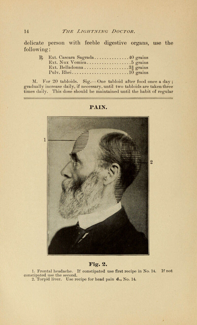 delicate person with feeble digestive organs, use the following: 1^ Ext. Cascara Sagrada 40 grains Ext. Nux Vomica 5 grains Ext. Belladonna 3^ grains Pulv. Rhei 10 grains M. For 20 tabloids. Sig.— One tabloid after food once a day ; gradually increase daily, if necessary, until two tabloids are taken three times daily. This dose should be maintained until the habit of regular PAIN. Figr. 2. 1. Frontal headache. If constipated use first recipe in No. 14. constipated use the second. 2. Torpid liver. Use recipe for head pain d., No. 14. If not