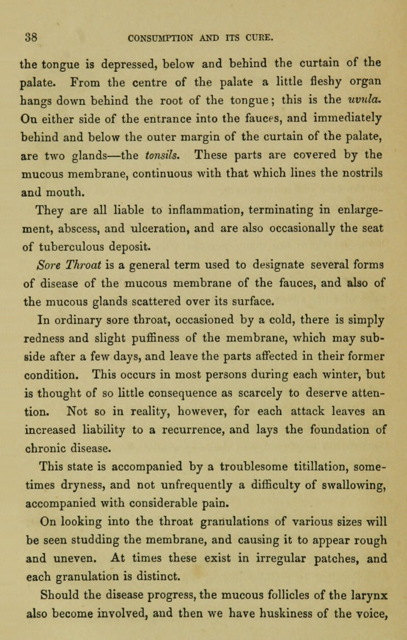 the tongue is depressed, below and behind the curtain of the palate. From the centre of the palate a little fleshy organ hangs down behind the root of the tongue; this is the uvula. On either side of the entrance into the fauces, and immediately behind and below the outer margin of the curtain of the palate, are two glands—the tonsih. These parts are covered by the mucous membrane, continuous with that which lines the nostrils and mouth. They are all liable to inflammation, terminating in enlarge- ment, abscess, and ulceration, and are also occasionally the seat of tuberculous deposit. Sore Throat is a general term used to designate several forms of disease of the mucous membrane of the fauces, and also of the mucous glands scattered over its surface. In ordinary sore throat, occasioned by a cold, there is simply redness and slight puffiness of the membrane, which may sub- side after a few days, and leave the parts affected in their former condition. This occurs in most persons during each winter, but is thought of so little consequence as scarcely to deserve atten- tion. Not so in reality, however, for each attack leaves an increased liability to a recurrence, and lays the foundation of chronic disease. This state is accompanied by a troublesome titillation, some- times dryness, and not unfrequently a difficulty of swallowing, accompanied with considerable pain. On looking into the throat granulations of various sizes will be seen studding the membrane, and causing it to appear rough and uneven. At times these exist in irregular patches, and each granulation is distinct. Should the disease progress, the mucous follicles of the larynx also become involved, and then we have huskiness of the voice,