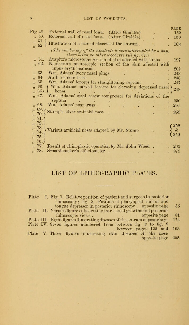 PAGE Pig. 40. External wall of nasal fossa. (After Giraldes) . . 159 „ 50. External wall of nasal fossa, (After Giraldes) . 160 51 1 g2 )• Illustration of a case of abscess of the antrum. . . 168 (The numbering of the woodcuts is here interrupted by a gap, there being no other woodcuts till Jig. 61.) „ 61. Auspitz's microscopic section of skin affected with lupus . 197 „ 62. Neumann's microscopic section of the skin affected with lupus erythematosus . ... . . . 202 „ 63. Wm. Adams' ivory nasal plugs .... 243 „ 64. Author's nose truss ...... 246 „ 65. Wm. Adams' forceps for straightening septum . . 247 „ 66. \ Wm. Adams' curved forceps for elevating depressed nasal) 0.0 „ 66a. / bones j 248 „ 67. Wm. Adams' steel screw compressor for deviations of the septum ....... 250 „ 68. Wm. Adams' nose truss ..... 251 69 ) hq .' Stump's silver artificial nose . . . . .259 111.) , 72 I 73' . . C258 *•/ )■ Various artificial noses adapted by Mr. Stump . . < & ;; It: \ t™ „ 76.) „ 77. Result of rhinoplasty operation by Mr. John Wood . . 265 „ 78. Swaardemaker's olfactometer ..... 279 LIST OF LITHOGEAPHIC PLATES. Plate I. Pig. 1. Eelative position of patient and surgeon in posterior rhinoscopy; fig. 2. Position of pharyngeal mirror and tongue depressor in posterior rhinoscopy . opposite page 33 Plate II. Various figures illustrating intra-nasal growths and posterior rhinoscopic views . . . opposite page 81 Plate III. Eight figures illustrating diseases of the antrum opposite page 174 Plate IV. Seven figures numbered from between fig. 2 to fig. 8 between pages 192 and 193 Plate V. Three figures illustrating skin diseases of the nose opposite page 208