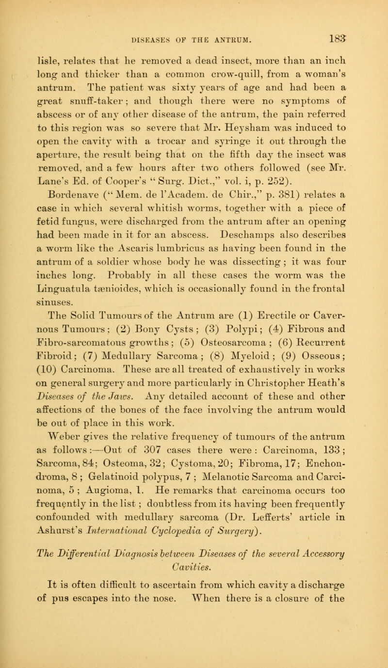 lisle, relates that he removed a dead insect, more than an inch long and thicker than a common crow-quill, from a woman's antrum. The patient was sixty years of age and had been a great snuff-taker; and though there were no symptoms of abscess or of any other disease of the antrum, the pain referred to this region was so severe that Mr. Heysham was induced to open the cavity with a trocar and syringe it out through the aperture, the result being that on the fifth day the insect was removed, and a few hours after two others followed (see Mr. Lane's Ed. of Coopers  Surg. Diet., vol. i, p. 252). Bordenave (Mem. de l'Academ. de Chir., p. 381) relates a case in which several whitish worms, together with a piece of fetid fungus, were discharged from the antrum after an opening had been made in it for an abscess. Deschamps also describes a worm like the Ascaris lumbricus as having been found in the antrum of a soldier whose body he was dissecting ; it was four inches long. Probably in all these cases the worm was the Linguatula taenioides, which is occasionally found in the frontal sinuses. The Solid Tumours of the Antrum are (1) Erectile or Caver- nous Tumours: (2) Bony Cysts ; (3) Polypi; (4) Fibrous and Fibro-sarcomatous growths; (5) Osteosarcoma ; (6) Recurrent Fibroid; (7) Medullary Sarcoma; (8) Myeloid; (9) Osseous; (10) Carcinoma. These are all treated of exhaustively in works on general surgery and more particularly in Christopher Heath's Diseases of the Jaics. Any detailed account of these and other affections of the bones of the face involving the antrum would be out of place in this work. Weber gives the relative frequency of tumours of the antrum as follows :—Out of 307 cases there were : Carcinoma, 133 ; Sarcoma, 84; Osteoma, 32; Cystoma, 20; Fibroma, 17; Enchon- droma, 8 ; Gelatinoid polypus, 7 ; Melanotic Sarcoma and Carci- noma, 5 ; Augioma, 1. He remarks that carcinoma occurs too frequently in the list ; doubtless from its having been frequently confounded with medullary sarcoma (Dr. Lefferts' article in Ashurst's International Cyclopedia of Surgery). The Differential Diagnosis between Diseases of the several Accessory Cavities. It is often difficult to ascertain from which cavity a discharge of pus escapes into the nose. When there is a closure of the