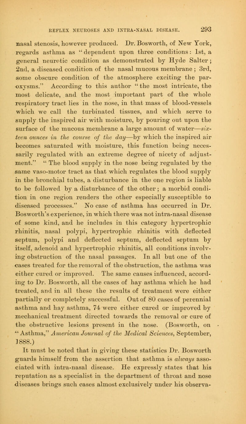 nasal stenosis, however produced. Dr. Bosworth, of New York, regards asthma as  dependent npon three conditions : 1st, a general neurotic condition as demonstrated by Hyde Salter ; 2nd, a diseased condition of the nasal mucous membrane ; 3rd, some obscure condition of the atmosphere exciting the par- oxysms. According to this author  the most intricate, the most delicate, and the most important part of the whole respiratory tract lies in the nose, in that mass of blood-vessels which we call the turbinated tissues, and which serve to supply the inspired air with moisture, by pouring out upon the surface of the mucous membrane a large amount of water—six- teen ounces in the course of the day—by which the inspired air becomes saturated with moisture, this function being neces- sarily regulated with an extreme degree of nicety of adjust- ment.  The blood supply in the nose being regulated by the .same vaso-motor tract as that which regulates the blood supply in the bronchial tubes, a disturbance in the one region is liable to be followed by a disturbance of the other; a morbid condi- tion in one region renders the other especially susceptible to diseased processes. No case of asthma has occurred in Dr. Bosworth's experience, in which there was not intra-nasal disease of some kind, and he includes in this category hypertrophic rhinitis, nasal polypi, hypertrophic rhinitis with deflected septum, polypi and deflected septum, deflected septum by itself, adenoid and hypertrophic rhinitis, all conditions involv- ing obstruction of the nasal passages. In all but one of the cases treated for the removal of the obstruction, the asthma was either cured or improved. The same causes influenced, accord- ing to Dr. Bosworth, all the cases of hay asthma which he had treated, and in all these the results of treatment were either partially or completely successful. Out of 80 cases of perennial asthma and hay asthma, 74 were either cured or improved by mechanical treatment directed towards the removal or cure of the obstructive lesions present in the nose. (Bosworth, on ■Asthma, American Journal of the Medical Sciences, September, ]888.) It must be noted that in giving these statistics Dr. Bosworth guards himself from the assertion that asthma is always asso- ciated with intra-nasal disease. He expressly states that his reputation as a specialist in the department of throat and nose diseases brings such cases almost exclusively under his observa-