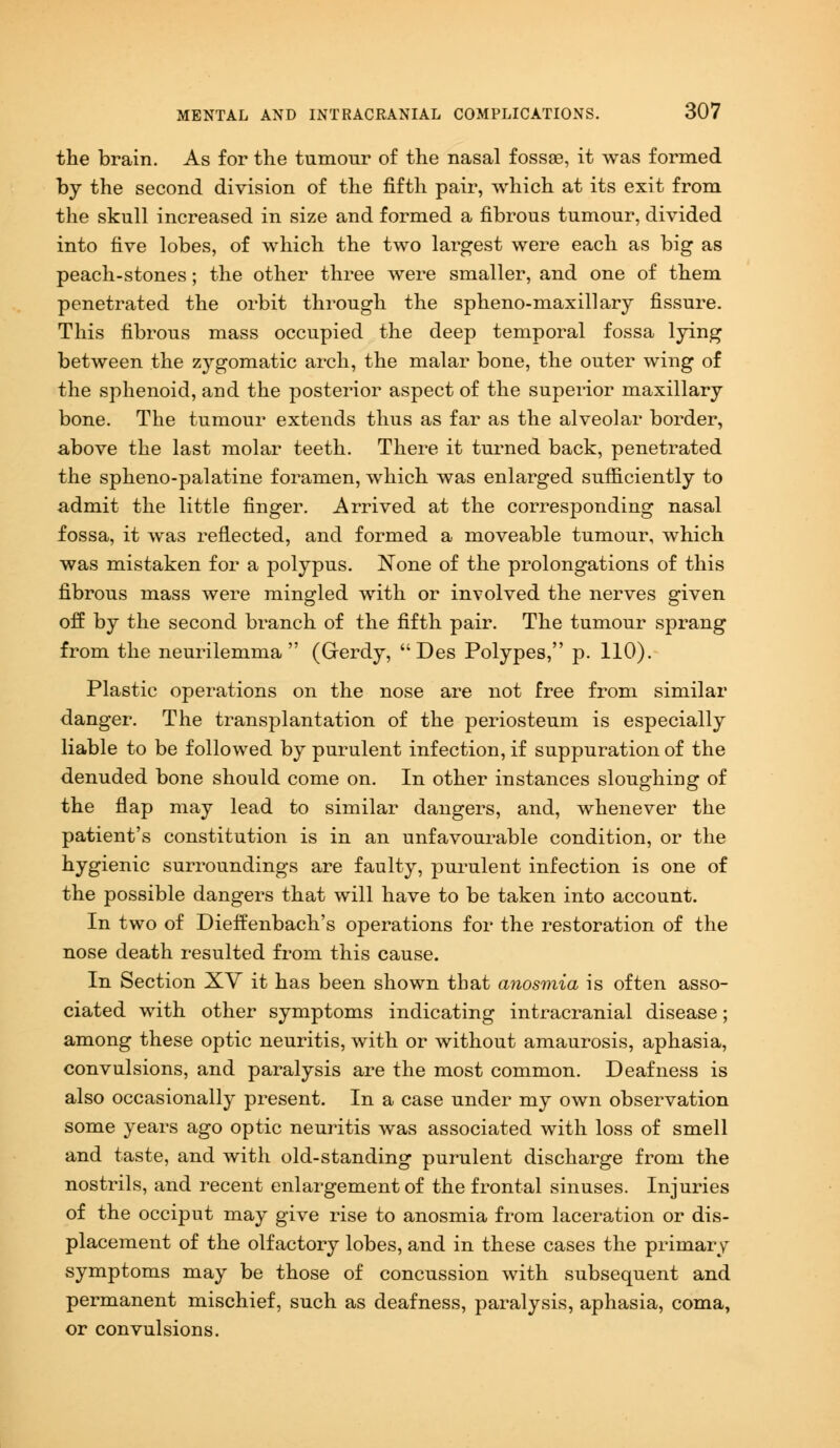 the brain. As for the tumour of the nasal fossae, it was formed by the second division of the fifth pair, which at its exit from the skull increased in size and formed a fibrous tumour, divided into five lobes, of which the two largest were each as big as peach-stones; the other three were smaller, and one of them penetrated the orbit through the spheno-maxillary fissure. This fibrous mass occupied the deep temporal fossa lying between the zygomatic arch, the malar bone, the outer wing of the sphenoid, and the posterior aspect of the superior maxillary bone. The tumour extends thus as far as the alveolar border, above the last molar teeth. There it turned back, penetrated the spheno-palatine foramen, which was enlarged sufficiently to admit the little finger. Arrived at the corresponding nasal fossa, it was reflected, and formed a moveable tumour, which was mistaken for a polypus. None of the prolongations of this fibrous mass were mingled with or involved the nerves given off by the second branch of the fifth pair. The tumour sprang from the neurilemma (Grerdy, Des Polypes, p. 110). Plastic operations on the nose are not free from similar danger. The transplantation of the periosteum is especially liable to be followed by purulent infection, if suppuration of the denuded bone should come on. In other instances sloughing of the flap may lead to similar dangers, and, whenever the patient's constitution is in an unfavourable condition, or the hygienic surroundings are faulty, purulent infection is one of the possible dangers that will have to be taken into account. In two of Dieffenbach's operations for the restoration of the nose death resulted from this cause. In Section XV it has been shown that anosmia is often asso- ciated with other symptoms indicating intracranial disease; among these optic neuritis, with or without amaurosis, aphasia, convulsions, and paralysis are the most common. Deafness is also occasionally present. In a case under my own observation some years ago optic neuritis was associated with loss of smell and taste, and with old-standing purulent discharge from the nostrils, and recent enlargement of the frontal sinuses. Injuries of the occiput may give rise to anosmia from laceration or dis- placement of the olfactory lobes, and in these cases the primary symptoms may be those of concussion with subsequent and permanent mischief, such as deafness, paralysis, aphasia, coma, or convulsions.