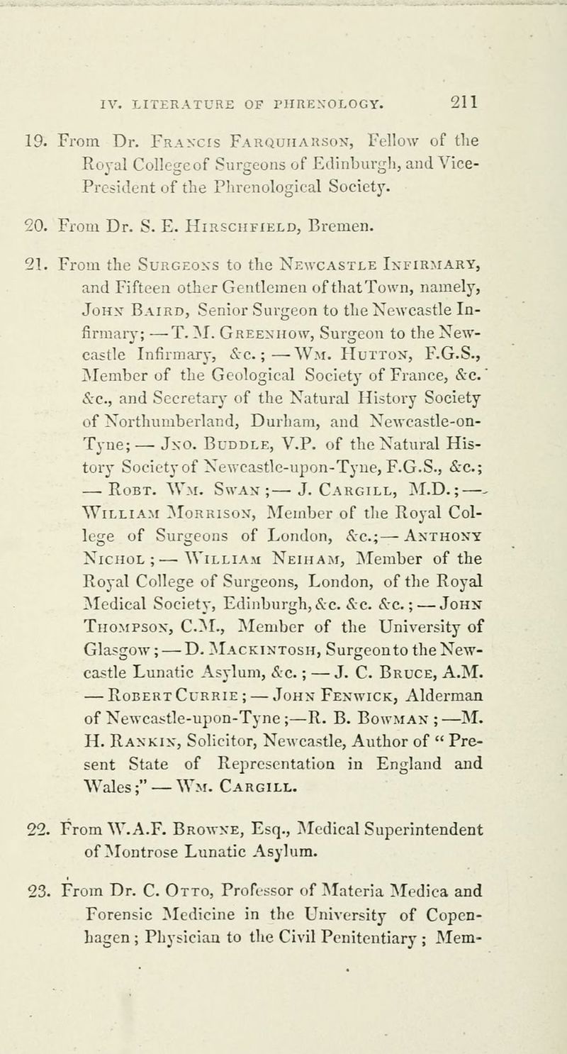 IV. LITERATURE OF rilREXOLOGy. 211 19. From Dr. Franxis Farquiiahson, Fellow of the Royal Collegeof Surgeons of Edinburgh, and Vice- President of the Phrenological Society. 20. From Dr. S. E. Hirschfield, Bremen. 21. From the Surgeoxs to the Newcastle Infirmary, and Fifteen other Gentlemen of that Town, namely, JoHNT Baird, Senior Surgeon to the Newcastle In- firmary; — T. ^I. Greenhow, Surgeon to the New- castle Infirmary, «S:c.;—Wm. Hutton, F.G.S., Member of the Geological Society of France, &c.' &c., and Secretary of the Natural Histoi-y Society of Northumberland, Durham, and Newcastle-on- Tyne; — Jxo. Buddle, V.P. of the Natural His- tory Society of Newcastle-upon-Tyue, F.G.S., &c.; — RoBT. Wm. Swan;—J. Cargill, jNI.D.;—^ William Morrison, Member of ilie Royal Col- lege of Surgeons of London, ^*c.;— Anthony NicHOL ;—William Neiham, ^Member of the Royal College of Surgeons, London, of the Royal ^Medical Society, Edinburgh,&c. 5:c. See; — John Thompson, CM., Member of the University of Glasgow; — D. Mackintosh, Surgeonto the New- castle Lunatic Asylum, Ac.; — J. C. Bruce, A.M. — RobertCuRRiE; — John Fenwick, Alderman of Newcastle-upon-Tyne ;—R. B. Bowman ; —M. H. Rankin, Solicitor, Newcastle, Author of  Pre- sent State of Representation in England and Wales; — Wm. Cargill. 22. From W.A.F. Browne, Esq., IMedical Superintendent of ]Nrontrose Lunatic Asylum. 23. From Dr. C. Otto, Professor of Materia Medica and Forensic Medicine in the University of Copen- hagen ; Physician to the Civil Penitentiary ; Mem-