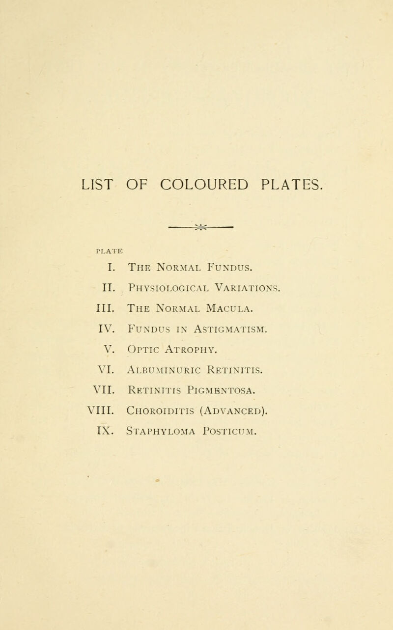 LIST OF COLOURED PLATES. PLATE I. The Normal Fundus. II. Physiological Variations. III. The Normal Macula. IV. Fundus in Astigmatism. V. Optic Atrophy. VI. Albuminuric Retinitis. VII. Retinitis Pigmentosa. VIII. Choroiditis (Advanced). IX. Staphyloma Posticum.