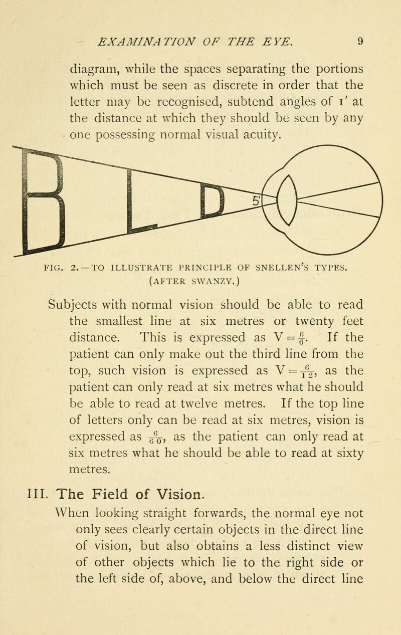 diagram, while the spaces separating the portions which must be seen as discrete in order that the letter may be recognised, subtend angles of i' at the distance at which they should be seen by any one possessing normal visual acuity. FIG. 2.— TO ILLUSTRATE PRINCIPLE OF SNELLEN'S TYPES. (AFTER SWANZY.) Subjects with normal vision should be able to read the smallest line at six metres or twenty feet distance. This is expressed as V = J. If the patient can only make out the third line from the top, such vision is expressed as V = yV, as the patient can only read at six metres what he should be able to read at twelve metres. If the top line of letters only can be read at six metres, vision is expressed as -g^-, as the patient can only read at six metres what he should be able to read at sixty metres. III. The Field of Vision. When looking straight forwards, the normal eye not only sees clearly certain objects in the direct line of vision, but also obtains a less distinct view of other objects which lie to the right side or the left side of, above, and below the direct line