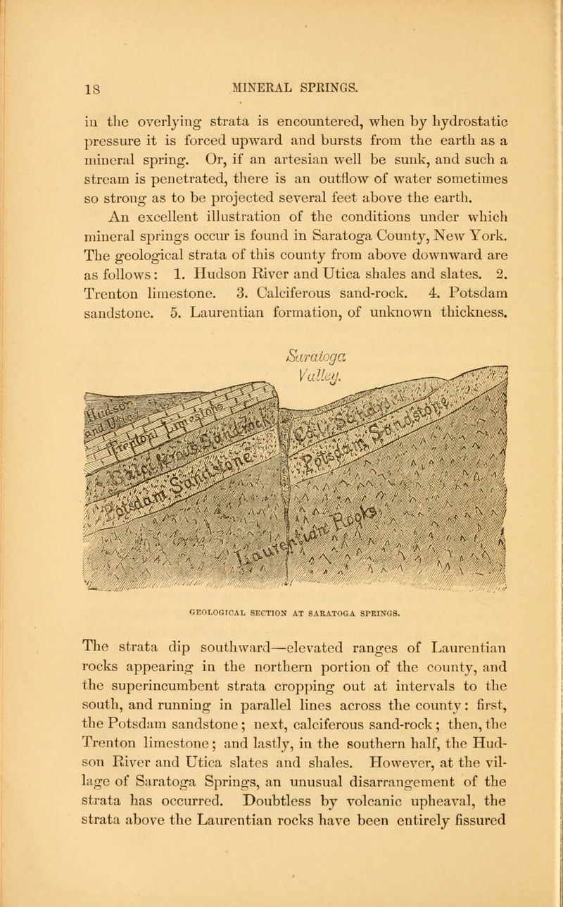 in the overlying strata is encountered, when by hydrostatic pressure it is forced upward and bursts from the earth as a mineral spring. Or, if an artesian well be sunk, and such a stream is penetrated, there is an outflow of water sometimes so strong as to be projected several feet above the earth. An excellent illustration of the conditions under which mineral springs occur is found in Saratoga County, New York. The geological strata of this county from above downward are as follows: 1. Hudson River and Utica shales and slates. 2. Trenton limestone. 3. Calciferous sand-rock. 4. Potsdam sandstone. 5. Laurentian formation, of unknown thickness. Saratoga GEOLOGICAL SECTION AT SARATOGA SPRINGS. The strata dip southward—elevated ranges of Laurentian rocks appearing in the northern portion of the county, and the superincumbent strata cropping out at intervals to the south, and running in parallel lines across the county: first, the Potsdam sandstone ; next, calciferous sand-rock ; then, the Trenton limestone; and lastly, in the southern half, the Hud- son River and Utica slates and shales. However, at the vil- lage of Saratoga Springs, an unusual disarrangement of the strata has occurred. Doubtless by volcanic upheaval, the strata above the Laurentian rocks have been entirely fissured