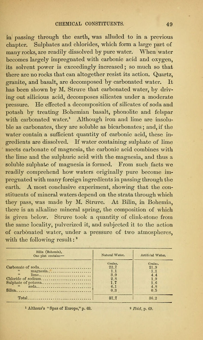 in passing through the earth, was alluded to in a previous chapter. Sulphates and chlorides, which form a large part of many rocks, are readily dissolved by pure water. When water becomes largely impregnated with carbonic acid and oxygen, its solvent power is exceedingly increased; so much so that there are no rocks that can altogether resist its action. Quartz, granite, and basalt, are decomposed by carbonated water. It has been shown by M. Struve that carbonated water, by driv- ing out silicious acid, decomposes silicates under a moderate pressure. He effected a decomposition of silicates of soda and potash by treating Bohemian basalt, phonolite and felspar with carbonated water.1 Although iron and lime are insolu- ble as carbonates, they are soluble as bicarbonates; and, if the water contain a sufficient quantity of carbonic acid, these in- gredients are dissolved. If water containing sulphate of lime meets carbonate of magnesia, the carbonic acid combines with the lime and the sulphuric acid with the magnesia, and thus a soluble sulphate of magnesia is formed. From such facts we readily comprehend how waters originally pure become im- pregnated with many foreign ingredients in passing through the earth. A most conclusive experiment, showing that the con- stituents of mineral waters depend on the strata through which they pass, was made by M. Struve. At Bilin, in Bohemia, there is an alkaline mineral spring, the composition of which is given below. Struve took a quantity of clink-stone from the same locality, pulverized it, and subjected it to the action of carbonated water, under a pressure of two atmospheres, with the following result:2 Bilin (Bohemia), One pint contains— Natural Water. Artificial Water. Grains. 22.7 1.1 3.0 2.8 1.7 6.1 0.3 . Grains. 21.9 1 1 4 4 1.9 1.6 4.8 0.5 Total 3T.T 36.2 1 Althaus's  Spas of Europe, p. 69. 2 Ibid, p. 69.