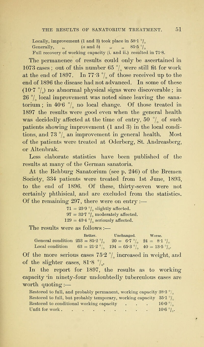 Locally, improvement (1 and 3) took place in 58*1 0/o Generally, ,, {a and b) „ ,, 85-5 °/0 Full recovery of working capacity (i. and ii.) resulted in 71'8. The permanence of results could only be ascertained in 1073 cases; out of this number 65 °/o were still fit for work at the end of 1897. In 773 °/0 of those received up to the end of 1896 the disease had not advanced. In some of these (107 70) no abnormal physical signs were discoverable; in 26 °/0 local improvement was noted since leaving the sana- torium ; in 40*6 °/0 no local change. Of those treated in 1897 the results were good even when the general health was decidedly affected at the time of entry, 50 °/o of such patients showing improvement (1 and 3) in the local condi- tions, and 73 °/o an improvement in general health. Most of the patients were treated at Oderberg, St. Andreasberg, or Altenbrak. Less elaborate statistics have been published of the results at many of the German sanatoria. At the Rehburg Sanatorium (see p. 246) of the Bremen Society, 334 patients were treated from 1st June, 1893, to the end of 1896. Of these, thirty-seven were not certainly phthisical, and are excluded from the statistics. Of the remaining 297, there were on entry :— 71 = 23-9 % slightly affected. 97 = 32-7 % moderately affected. 129 = 43-4 °/0 seriously affected. The results were as follows :— Better. Unchanged. Worse. General condition 253 = 85-2 % 20 = 6'7 % 24 = 8-1 % Local condition 63 = 21-2 % 194 = 65*3 % 40 = 13-5 %. Of the more serious cases 75*2 °/o increased in weight, and •of the slighter cases, 81'8 °/o. In the report for 1897, the results as to working capacity *in ninety-four undoubtedly tuberculous cases are worth quoting:— Restored to full, and probably permanent, working capacity 38-3 °/0 Restored to full, but probably temporary, working capacity 35-1 °/0 Restored to conditional working capacity . . . 16'0 °/0 Unfit for work 10-6 °/0.