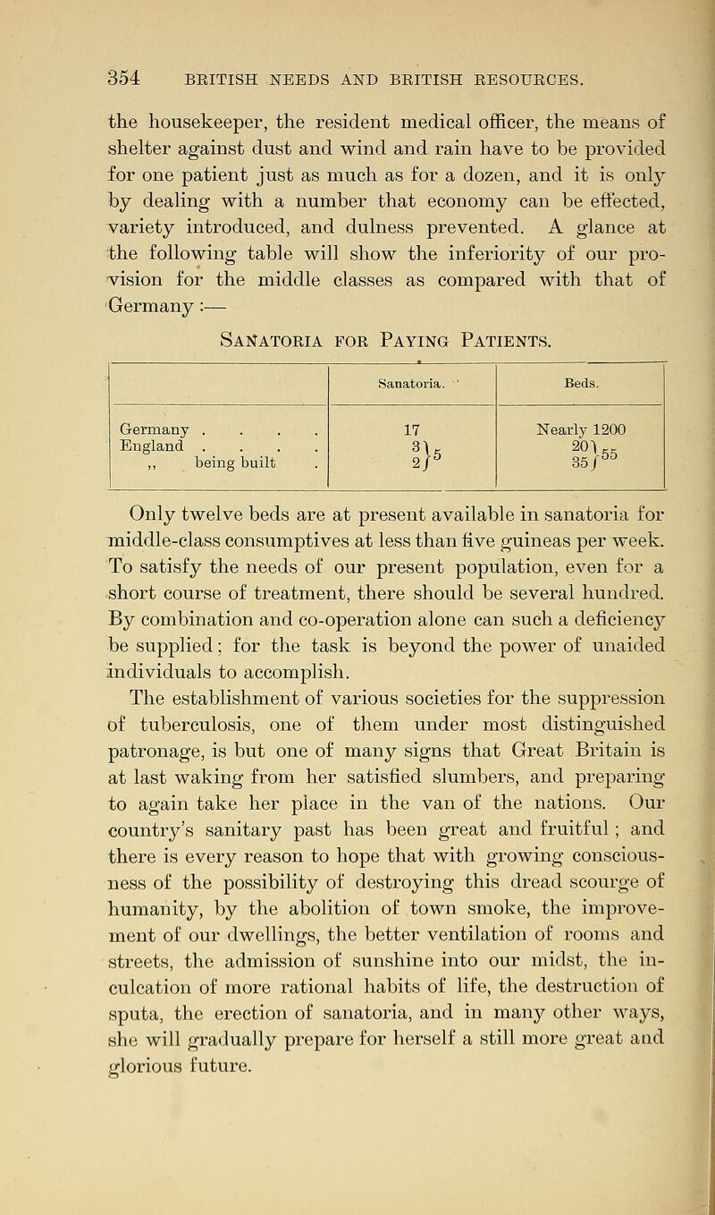 the housekeeper, the resident medical officer, the means of shelter against dust and wind and rain have to be provided for one patient just as much as for a dozen, and it is only by dealing with a number that economy can be effected, variety introduced, and dulness prevented. A glance at the following table will show the inferiority of our pro- vision for the middle classes as compared with that of Germany :— Sanatoria for Paying Patients. Sanatoria. ' Beds. Germany .... England .... ,, being built 17 Nearly 1200 20U. 35/DD Only twelve beds are at present available in sanatoria for middle-class consumptives at less than five guineas per week. To satisfy the needs of our present population, even for a short course of treatment, there should be several hundred. By combination and co-operation alone can such a deficiency be supplied; for the task is beyond the power of unaided individuals to accomplish. The establishment of various societies for the suppression of tuberculosis, one of them under most distinguished patronage, is but one of many signs that Great Britain is at last waking from her satisfied slumbers, and preparing to again take her place in the van of the nations. Our country's sanitary past has been great and fruitful; and there is every reason to hope that with growing conscious- ness of the possibility of destroying this dread scourge of humanity, by the abolition of town smoke, the improve- ment of our dwellings, the better ventilation of rooms and streets, the admission of sunshine into our midst, the in- culcation of more rational habits of life, the destruction of sputa, the erection of sanatoria, and in many other ways, she will gradually prepare for herself a still more great and glorious future.