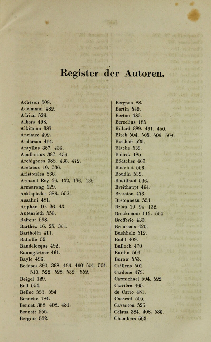 Register der Autoren. Acheson 508. Adelmann 482. Adrian 526. Albers 498. Alkimion 387. Anciaux 492. Anderson 414. Antyllus 387. 43«. Apollonius 387. 436. Archigenes 385. 436. 472. Aretaeus 10. 536. Aristoteles 536. Armand Rey 36. 132. 136. 139. Armstrong 129. Asklepiades 386. 552. Assalini 481. Auphan 10. 26. 43. Autenrieth 556. Balfour 538. Barthez 16. 25. 361. Bartholin 411. Bataille 59. Baudelocque 492. Baumgärtner 461. Bayle 496. Beddoes 390. 398. 436. 460 501. 504 510. 522. 528. 532. 552. Beigel 129. Bell 554. Belloc 553. 554. Benneke 184. Bennet 388. 408. 431. Bennett 555. Bergius 532. Bergson 88. Bertin 549. Berton 485. Berzelius 185. Billard 389. 431. 450. Birch 504. 505. 506. 508. Bischoff 520. Blaohe 539. Bobrik 185. Bödtcher 467. Bouchut 556. Boudin 539. Bouillaud 526. Breithaupt 464. Brereton 473. Bretonneau 553. Briau 19. 24. 132. Brockmann 113. 554. Brofferio 430. Broussais 420. Buchholz 512. Budd 409. Bullock 470. Burdin 506. Burow 553. Caillens 501. C'ardone 479; Carmichael 504. 522. G'arriere 465. de Carro 481. Casorati 505. Caventou 526. Celsus 384. 408. 536. Chambers 553.