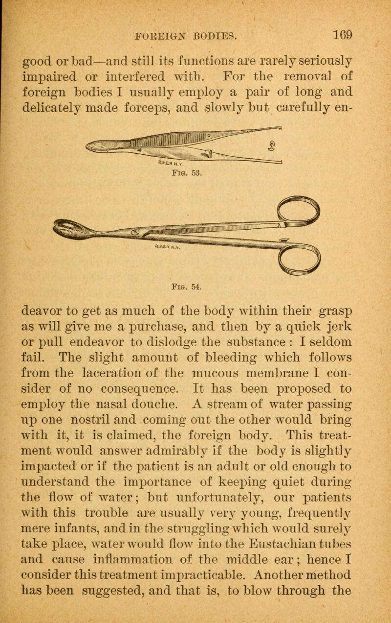 good or bad—and still its functions are rarely seriously impaired or interfered with. For the removal of foreign bodies I usually employ a pair of long and delicately made forceps, and slowly but carefully en- Fig. 54. deavor to get as much of the body within their grasp as will give me a purchase, and then by a quick jerk or pull endeavor to dislodge the substance : I seldom fail. The slight amount of bleeding which follows from the laceration of the mucous membrane I con- sider of no consequence. It has been proposed to employ the nasal douche. A stream of water passing up one nostril and coming out the other would bring with it, it is claimed, the foreign body. This treat- ment would answer admirably if the bod}' is slightly impacted or if the patient is an adult or old enough to understand the importance of keeping quiet during the flow of water; but unfortunately, our patients with this trouble are usually very young, frequently mere infants, and in the struggling which would surely take place, water would flow into the Eustachian tubes and cause inflammation of the middle ear; hence I consider this treatment impracticable. Another method has been suggested, and that is, to blow through the