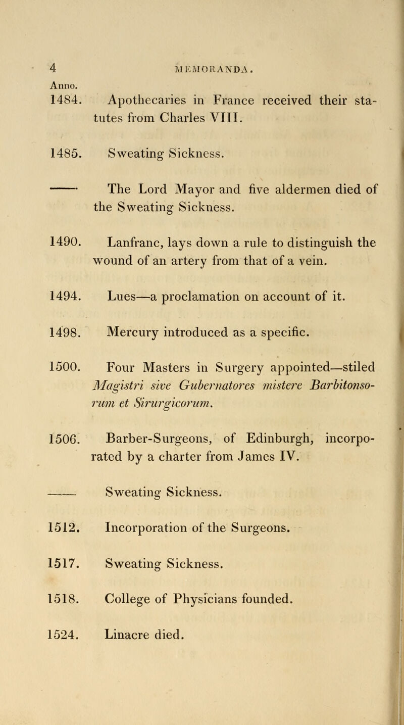 Anno. 1484. Apothecaries in France received their sta- tutes from Charles VIII. 1485. Sweating Sickness. The Lord Mayor and five aldermen died of the Sweating Sickness. 1490. Lanfranc, lays down a rule to distinguish the wound of an artery from that of a vein. 1494. Lues—a proclamation on account of it. 1498. Mercury introduced as a specific. 1500. Four Masters in Surgery appointed—stiled Magistri she Gubernatores mistere Barbitonso- rum et Sirurgicorum. 1506. Barber-Surgeons, of Edinburgh, incorpo- rated by a charter from James IV. Sweating Sickness. 1512. Incorporation of the Surgeons. 1517. Sweating Sickness. 1518. College of Physicians founded. 1524. Linacre died.