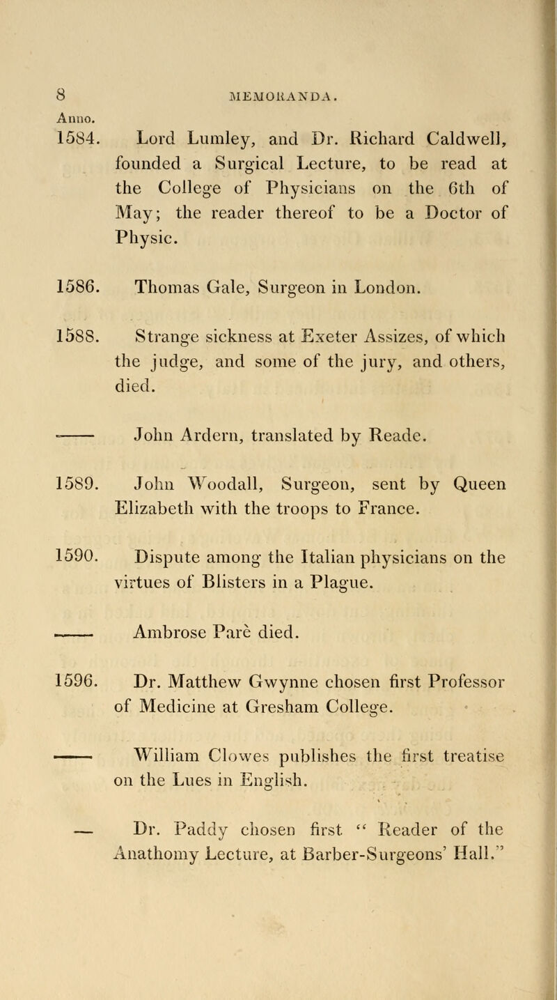 Anno. 15S4. Lord Lumley, and Dr. Richard Caldwell, founded a Surgical Lecture, to be read at the College of Physicians on the 6th of May; the reader thereof to be a Doctor of Physic. 1586. Thomas Gale, Surgeon in London. 1588. Strange sickness at Exeter Assizes, of which the judge, and some of the jury, and others, died. John Ardern, translated by Reade. 1589. John Woodall, Surgeon, sent by Queen Elizabeth with the troops to France. 1590. Dispute among the Italian physicians on the virtues of Blisters in a Plague. *&' Ambrose Pare died. 1596. Dr. Matthew Gwynne chosen first Professor of Medicine at Gresham College. '&' William Clowes publishes the first treatise on the Lues in English. •&j Dr. Paddy chosen first  Reader of the Anathomy Lecture, at Barber-Surgeons' Hall/'