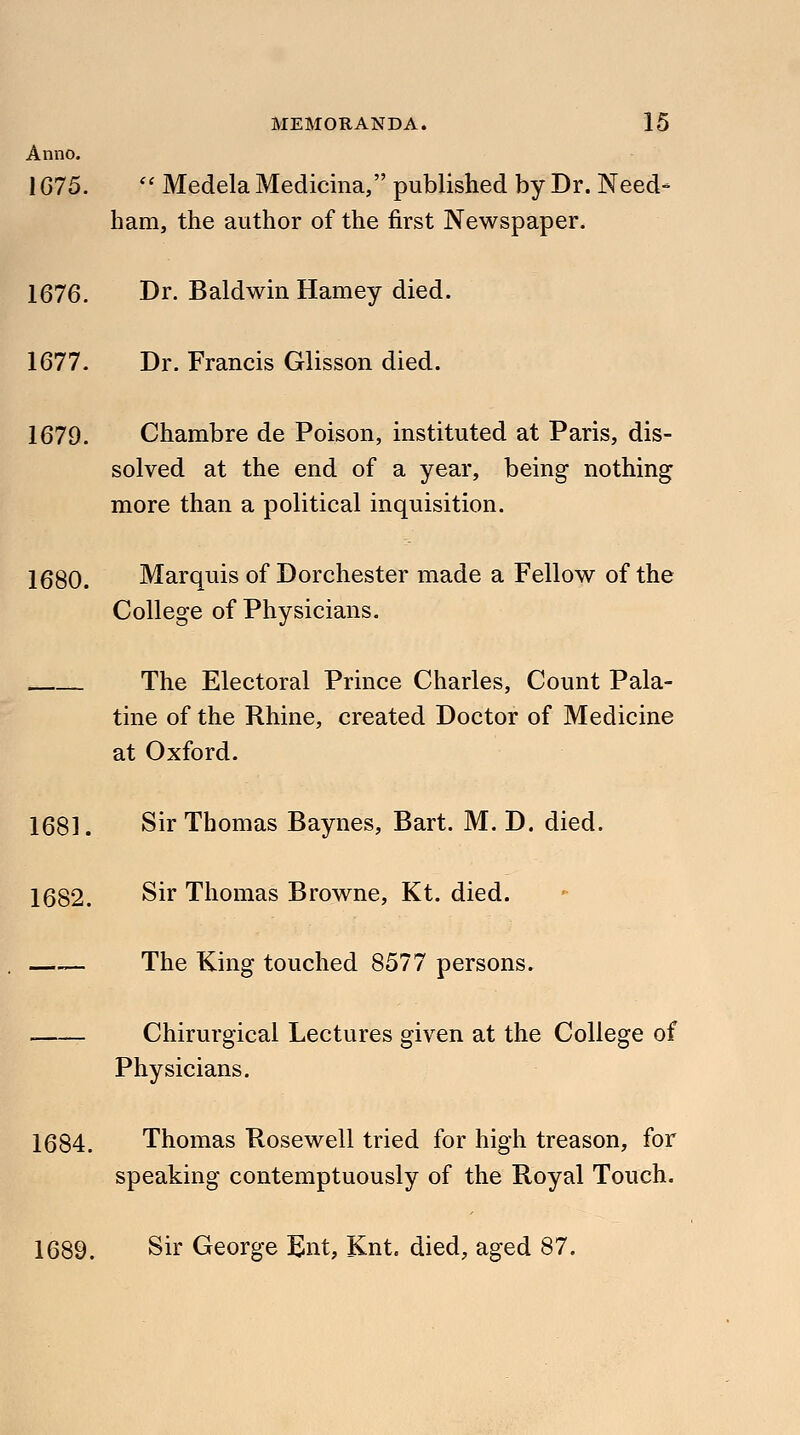 Anno. 1675.  Medela Medicina, published by Dr. Need- ham, the author of the first Newspaper. 1676. Dr. Baldwin Hamey died. 1677. Dr. Francis Glisson died. 1679. Chambre de Poison, instituted at Paris, dis- solved at the end of a year, being nothing more than a political inquisition. 1680. Marquis of Dorchester made a Fellow of the College of Physicians. The Electoral Prince Charles, Count Pala- tine of the Rhine, created Doctor of Medicine at Oxford. 1681. Sir Thomas Baynes, Bart. M. D. died. 1682. Sir Thomas Browne, Kt. died. —— The King touched 8577 persons. - Chirurgical Lectures given at the College of Physicians. 1684. Thomas Rosewell tried for high treason, for speaking contemptuously of the Royal Touch. 1689. Sir George Ent, Knt. died, aged 87.