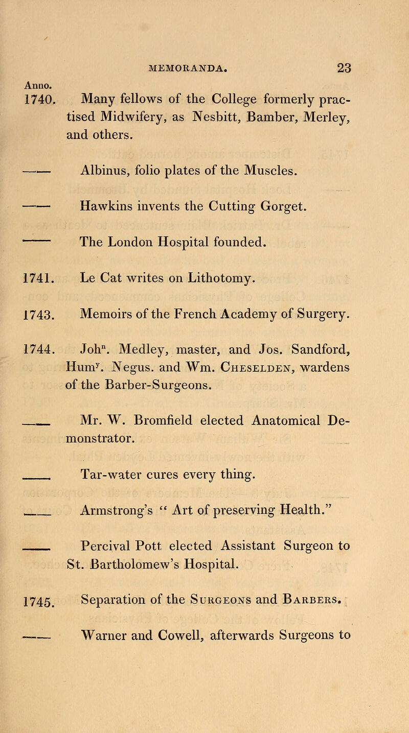 Anno. 1740. Many fellows of the College formerly prac- tised Midwifery, as Nesbitt, Bamber, Merley, and others. Albinus, folio plates of the Muscles. Hawkins invents the Cutting Gorget. 1 The London Hospital founded. 1741. Le Cat writes on Lithotomy. 1743. Memoirs of the French Academy of Surgery. 1744. John. Medley, master, and Jos. Sandford, Humy. Negus, and Wm. Cheselden, wardens of the Barber-Surgeons. Mr. W. Bromfield elected Anatomical De- monstrator. __ Tar-water cures every thing. Armstrong's  Art of preserving Health. Percival Pott elected Assistant Surgeon to St. Bartholomew's Hospital. 1745. Separation of the Surgeons and Barbers. —— Warner and Cowell, afterwards Surgeons to