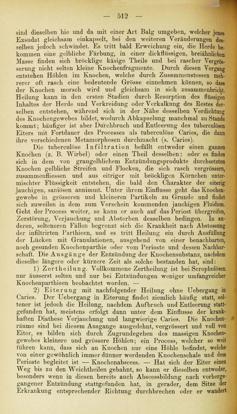 sind dieselben hie und da mit einer Art Balg umgeben, welcher jenes Exsudat gleichsam einkapselt, bei den weiteren Veränderungen des- selben jedoch schwindet. Es tritt bald Erweichung ein, die Herde be- kommen eine gelbliche Färbung, in einer dickflüssigen, breiähnlichen Masse finden sich bröcklige käsige Theile und bei rascher Vergrös- serung nicht selten kleine Knochenfragmente. Durch diesen Vorgang entstehen Höhlen im Knochen, welche durch Zusammenstossen meh- rerer oft rasch eine bedeutende Grösse einnehmen können, so dass der Knochen morsch wird und gleichsam in sich zusammenbricht. Heilung kann in den ersten Stadien durch Resorption des flüssigen Inhaltes der Herde und Verkreidung oder Verkalkung des Restes der- selben entstehen, während sich in der Nähe desselben Verdichtung des Knochengewebes bildet, wodurch Abkapselung manchmal zu Stande kommt; häufiger ist aber Durchbruch und Entleerung des tuberculösen Eiters mit Fortdauer des Processes als tuberculöse Caries, die dann ihre verschiedenen Metamorphosen durchmacht (s. Caries). Die tuberculöse Infiltration befällt entweder einen ganzen Knochen (z. B. Wirbel) oder einen Theil desselben: oder es finden sich in dem von graugelblichem Entzündungsprodukte durchsetzten Knochen gelbliche Streifen und Flocken, die sich rasch vergrösaern, zusammenfliessen und aus eitriger mit bröckligen Körnchen unter- mischter Flüssigkeit entstehen, die bald den Charakter der eiterig jauchigen, saniösen annimmt. Unter ihrem Einflüsse geht das Knochen- gewebe in grösseren und kleineren Partikeln zu Grunde und findet sich zuweilen in dem zum Vorschein kommenden jauchigen Fluidum. Geht der Process weiter, so kann er auch auf das Periost übergreifen, Zerstörung, Verjauchung und Absterben desselben bedingen. In an- deren, selteneren Fällen begrenzt sich die Krankheit nach Abstossung der infiltrirten Parthieen, und es tritt Heilung ein durch Ausfüllung der Lücken mit Granulationen, ausgehend von einer benachbarten, noch gesunden Kuochenparthie oder vom Perioste und dessen Nachbar- schaft. Die Ausgänge der Entzündung der Knochensubstanz, nachdem dieselbe längere oder kürzere Zeit als solche bestanden hat, sind: 1) Zertheilung. Vollkommene Zertheilung ist bei Scrophulösen nur äusserst selten und nur bei Entzündungen weniger umfangreicher Knochenparthieen beobachtet worden. — 2) Eiterung mit nachfolgender Heilung ohne Uebergang in Caries. Der Uebergang in Eiterung findet ziemlich häufig statt, sel- tener ist jedoch die Heilung, nachdem Aufbruch und Entleerung statt- gefunden hat, meistens erfolgt dann unter dem Einflüsse der krank- haften Diathese Verjauchung und langwierige Caries. Die Knochen- räume sind bei diesem Ausgange ausgedehnt, vergrössert und voll von Eiter, es bilden sich durch Zugrundegehen des massigen Knochen- gewebes kleinere und grössere Höhlen; ein Process, welcher so weit führen kann, dass sich an Knochen nur eine Höhle befindet, welche von einer gewöhnlich immer dünner werdenden Knochenschale und dem Perioste begleitet ist — Knochenabscess. — Hat sich der Eiter einen Weg bis zu den Weichtheilen gebahnt, so kann er dieselben entweder, besonders wenn in diesen bereits auch Abscessbildung nach vorherge- gangener Entzündung stattgefunden hat, in gerader, dem Sitze der Erkrankung entsprechender Richtung durchbrechen oder er wandert