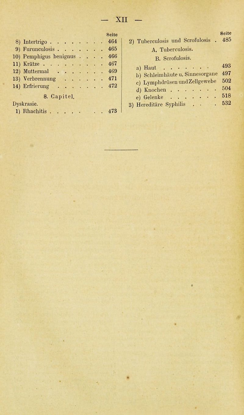 Seite 8) Intertrigo 464 9) Furunculosis 465 10) Pemphigus benignus .... 466 11) Krätze 467 12) Muttermal 469 13) Verbrennung 471 14) Erfrierung 472 8. Capitel. Dyskrasie. 1) Rhachitis 473 Seite 2) Tuberculosis und Scrofulosis . 485 A. Tuberculosis. B. Scrofulosis. a) Haut 493 b) Schleimhäute u. Sinnesorgane 497 c) Lymphdrüsen und Zellgewebe 502 d) Knochen 504 e) Gelenke 518 3) Hereditäre Syphilis . . .532