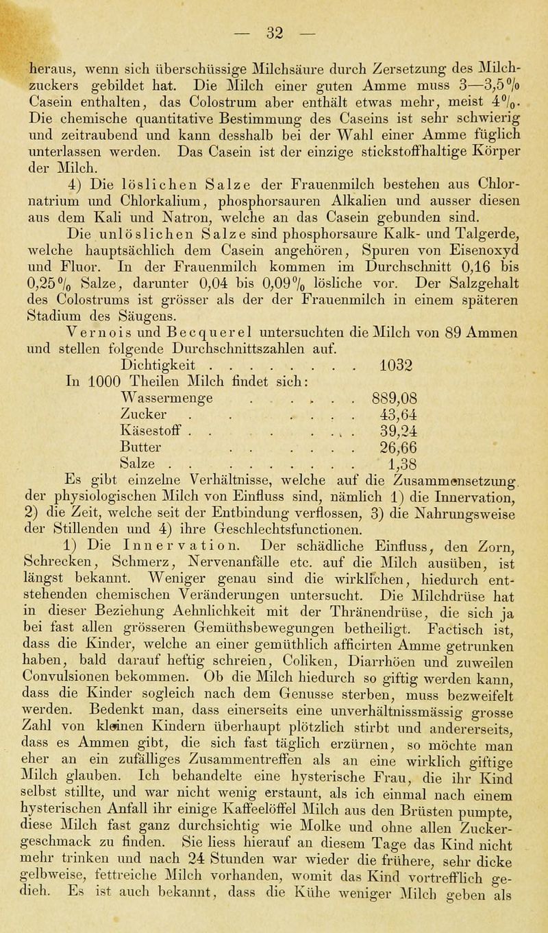 heraus, wenn sieh überschüssige Milchsäure durch Zersetzung des Milch- zuckers gebildet hat. Die Milch einer guten Amme muss 3—3,5 °/o Casein enthalten, das Colostrum aber enthält etwas mehr, meist 4°/0. Die chemische quantitative Bestimmung des Caseins ist sehr schwierig und zeitraubend und kann desshalb bei der Wahl einer Amme füglich unterlassen werden. Das Casein ist der einzige stickstoffhaltige Körper der Milch. 4) Die löslichen Salze der Frauenmilch bestehen aus Chlor- natrium und Chlorkalium, phosphorsauren Alkalien und ausser diesen aus dem Kali und Natron, welche an das Casein gebunden sind. Die unlöslichen Salze sind phosphorsaure Kalk- und Talgerde, welche hauptsächlich dem Casein angehören, Spuren von Eisenoxyd und Fluor. In der Frauenmilch kommen im Durchschnitt 0,16 bis 0,25°/0 Salze, darunter 0,04 bis 0,09% lösliche vor. Der Salzgehalt des Colostrums ist grösser als der der Frauenmilch in einem späteren Stadium des Säugens. V e r n o i s und B e c q u e r e 1 untersuchten die Milch von 89 Ammen und stellen folgende Durchschnittszahlen auf. Dichtigkeit 1032 In 1000 Theilen Milch findet sich: Wassermenge 889,08 Zucker . . .... 43,64 Käsestoff . . . . ., . 39,24 Butter 26,66 Salze 1,38 Es gibt einzelne Verhältnisse, welche auf die Zusammensetzimg der physiologischen Milch von Einfluss sind, nämlich 1) die Innervation, 2) die Zeit, welche seit der Entbindung verflossen, 3) die Nahrungsweise der Stillenden und 4) ihre Geschlechtsfunctionen. 1) Die Innervation. Der schädliche Einfluss, den Zorn, Schrecken, Schmerz, Nervenanfälle etc. auf die Milch ausüben, ist längst bekannt. Weniger genau sind die wirklichen, hiedurch ent- stehenden chemischen Veränderungen untersucht. Die Milchdrüse hat in dieser Beziehung Aehnlichkeit mit der Thränendrüse, die sich ja bei fast allen grösseren Gemütsbewegungen betheiligt. Factisch ist, dass die Kinder, welche an einer gemüthlich afficirten Amme getrunken haben, bald darauf heftig schreien, Coliken, Diarrhöen und zuweilen Convulsionen bekommen. Ob die Milch hiedurch so giftig werden kann dass die Kinder sogleich nach dem Genüsse sterben, muss bezweifelt werden. Bedenkt man, dass einerseits eine unverhältnissmässig grosse Zahl von kleinen Kindern überhaupt plötzlich stirbt und andererseits dass es Ammen gibt, die sich fast täglich erzürnen, so möchte man eher an ein zufälliges Zusammentreffen als an eine wirklich giftige Milch glauben. Ich behandelte eine hysterische Frau, die ihr Kind selbst stillte, und war nicht wenig erstaunt, als ich einmal nach einem hysterischen Anfall ihr einige Kaffeelöffel Milch aus den Brüsten pumpte, diese Milch fast ganz durchsichtig wie Molke und ohne allen Zucker- geschmack zu finden. Sie Hess hierauf an diesem Tage das Kind nicht mehr trinken und nach 24 Stunden war wieder die frühere sehr dicke gelbweise, fettreiche Milch vorhanden, womit das Kind vortrefflich ge- dieh. Es ist auch bekannt, dass die Kühe weniger Milch geben als