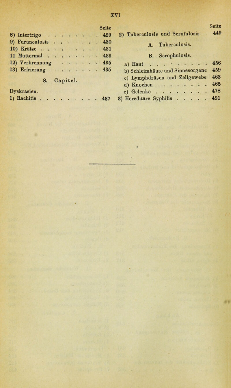 8) Intertrigo .... 9) Furunculo9is . . . 10) Krätze .... 11 Mattermal .... 12) Verbrennung . . . 13) Erfrierung . . , 8. Capitel Dyskrasien. XVI Seite Seite 429 2) Tuberculosis und Scrofulosis 449 A. Tuberculosis. 431 433 B. Scrophulosis. 435 a) Haut . . . • 456 435 b) Schleimhäute und Sinnesorgane 459 c) Lymphdrüsen und Zellgewebe 463 d) Knochen 465 e) Gelenke 478