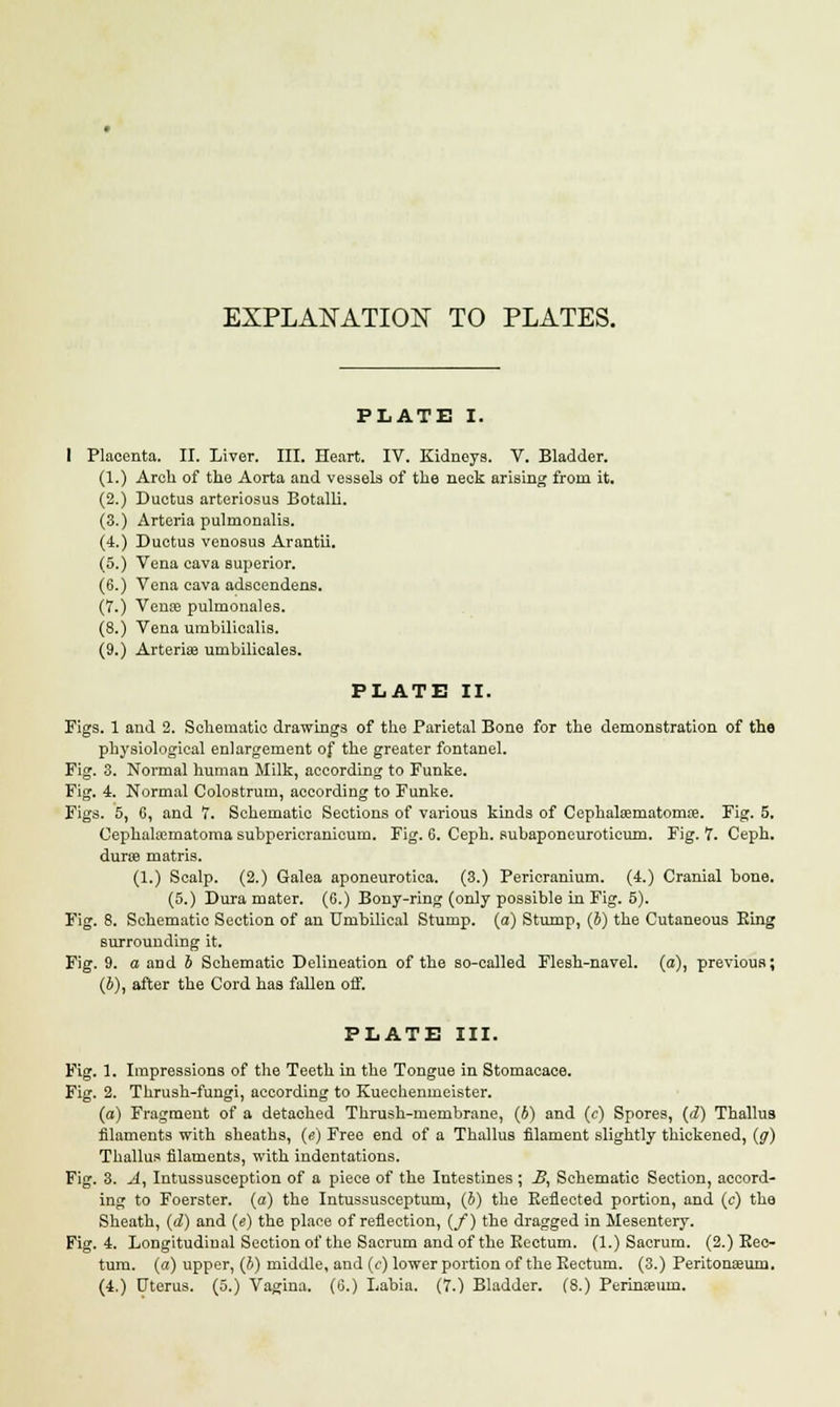EXPLANATION TO PLATES. PLATE I. I Placenta. II. Liver. III. Heart. IV. Kidneys. V. Bladder. (1.) Arch of the Aorta and vessels of the neck arising from it. (2.) Ductus arteriosus Botalli. (3.) Arteria pulmonalis. (4.) Ductus venosus Arantii. (5.) Vena cava superior. (6.) Vena cava adscendens. (7.) Vena? pulmonales. (8.) Vena umbiliealis. (9.) Arteriae umbilicales. PLATE II. Figs. 1 and 2. Schematic drawings of the Parietal Bone for the demonstration of the physiological enlargement of the greater fontanel. Fig. 3. Normal human Milk, according to Funke. Fig. 4. Normal Colostrum, according to Funke. Figs. 5, 6, and 7. Schematic Sections of various kinds of Cephalamatomai. Fig. 5. Cephalhematoma subpericranicum. Fig. 6. Ceph. subaponeuroticum. Fig. 7. Ceph. dune matris. (1.) Scalp. (2.) Galea aponeurotica. (3.) Pericranium. (4.) Cranial bone. (5.) Dura mater. (0.) Bony-ring (only possible in Fig. 5). Fig. 8. Schematic Section of an Umbilical Stump, (a) Stump, (i) the Cutaneous King surrounding it. Fig. 9. a and b Schematic Delineation of the so-called Flesh-navel, (a), previous; (b), after the Cord has fallen off. PLATE III. Fig. 1. Impressions of the Teeth in the Tongue in Stomacace. Fig. 2. Thrush-fungi, according to Kuechenmeister. (a) Fragment of a detached Thrush-membrane, (6) and (c) Spores, (d) Thallus filaments with sheaths, (e) Free end of a Thallus filament slightly thickened, {g) Thallus filaments, with indentations. Fig. 3. j4, Intussusception of a piece of the Intestines; _Z?, Schematic Section, accord- ing to Foerster. (a) the Intussusceptum, (b) the Reflected portion, and (c) the Sheath, (d) and (e) the place of reflection, (/) the dragged in Mesentery. Fig. 4. Longitudinal Section of the Sacrum and of the Rectum. (1.) Sacrum. (2.) Rec- tum, (a) upper, (J) middle, and (e) lower portion of the Rectum. (3.) Peritonaeum. (4.) Uterus. (5.) Vagina. (6.) Labia. (7.) Bladder. (8.) Perinsemn.