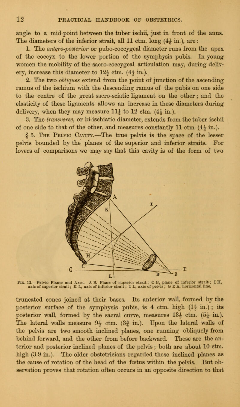 angle to a mid-point between the tuber ischii, just in front of the anus. The diameters of the inferior strait, all 11 ctm. long (4-J- in.), are: 1. The antero-posterior or pubo-coccygeal diameter runs from the apex of the coccyx to the lower portion of the symphysis pubis. In young women the mobility of the sacro-coccygeal articulation may, during deliv- ery, increase this diameter to 12£ ctm. (4J in.). 2. The two obliques extend from the point of junction of the ascending ramus of the ischium with the descending ramus of the pubis on one side to the centre of the great sacro-sciatic ligament on the other; and the elasticity of these ligaments allows an increase in these diameters during delivery, when they may measure 11J to 12 ctm. (4J- in.). 3. The transverse, or bi-ischiatic diameter, extends from the tuber ischii of one side to that of the other, and measures constantly 11 ctm. (4£ in.). § 5. The Pelvic Cavity.—The true pelvis is the space of the lesser pelvis bounded by the planes of the superior and inferior straits. For lovers of comparisons we may say that this cavity is of the form of two Fig. 12.—Pelvic Planes and Axes. A B, Plane of superior strait; C B, plane of inferior strait; I H, axis of superior strait; K L, axis of inferior strait; I L, axis of pelvis ; G E A, horizontal line. truncated cones joined at their bases. Its anterior wall, formed by the posterior surface of the symphysis pubis, is 4 ctm. high (1J in.) ; its posterior wall, formed by the sacral curve, measures 13^ ctm. (5£ in.). The lateral walls measure 94- ctm. (3f in.). Upon the lateral walls of the pelvis are two smooth inclined planes, one running obliquely from behind forward, and the other from before backward. These are the an- terior and posterior inclined planes of the pelvis ; both are about 10 ctm. high (3.9 in.). The older obstetricians regarded these inclined planes as the cause of rotation of the head of the foetus within the pelvis. But ob- servation proves that rotation often occurs in an opposite direction to that