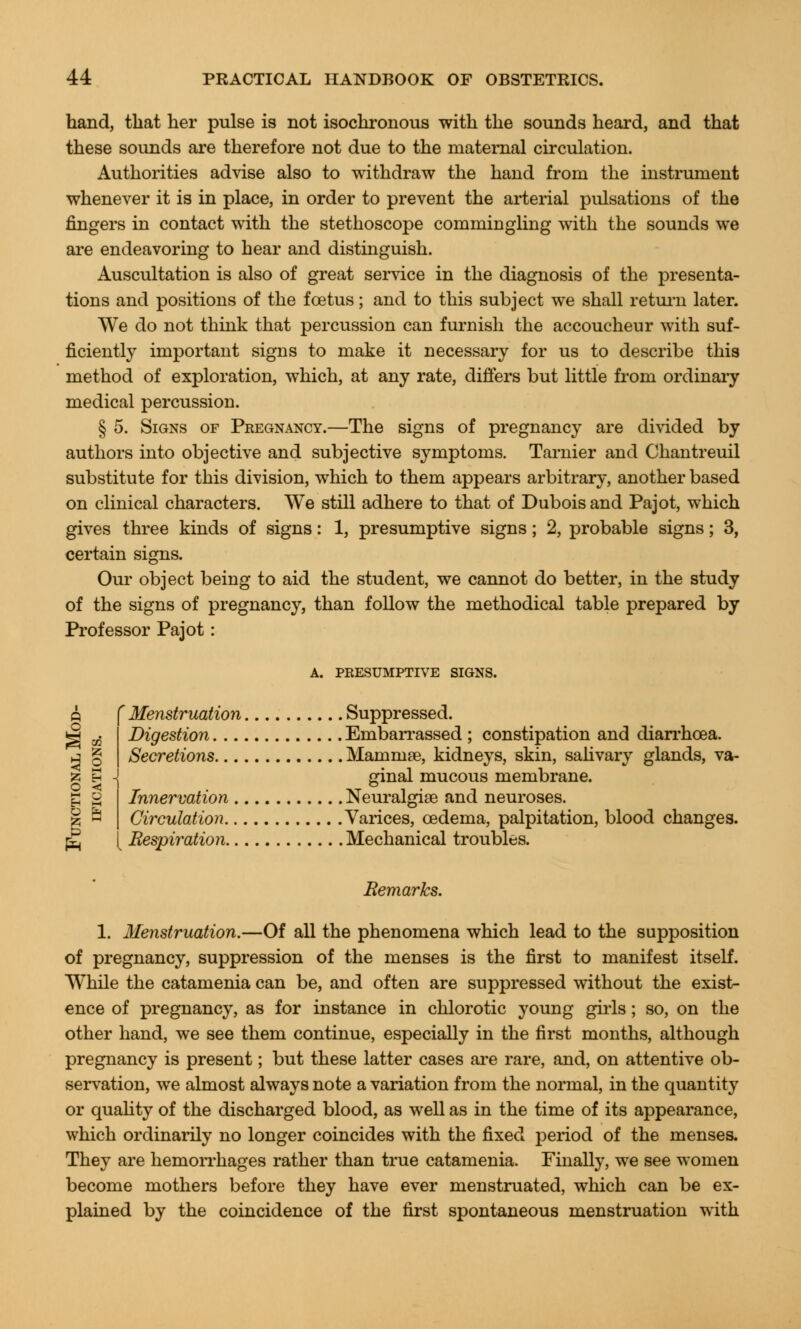 hand, that her pulse is not isochronous with the sounds heard, and that these sounds are therefore not due to the maternal circulation. Authorities advise also to withdraw the hand from the instrument whenever it is in place, in order to prevent the arterial pulsations of the fingers in contact with the stethoscope commingling with the sounds we are endeavoring to hear and distinguish. Auscultation is also of great service in the diagnosis of the presenta- tions and positions of the foetus; and to this subject we shall return later. We do not think that percussion can furnish the accoucheur with suf- ficiently important signs to make it necessary for us to describe this method of exploration, which, at any rate, differs but little from ordinary medical percussion. § 5. Signs of Pregnancy.—The signs of pregnancy are divided by authors into objective and subjective symptoms. Tarnier and Chantreuil substitute for this division, which to them appears arbitrary, another based on clinical characters. We still adhere to that of Dubois and Pajot, which gives three kinds of signs: 1, presumptive signs; 2, probable signs; 3, certain signs. Our object being to aid the student, we cannot do better, in the study of the signs of pregnancy, than follow the methodical table prepared by Professor Pajot: si A. PRESUMPTIVE SIGNS. Menstruation Suppressed. Digestion Embarrassed ; constipation and diarrhoea. Secretions Mammas, kidneys, skin, salivary glands, va- ginal mucous membrane. Innervation Neuralgias and neuroses. Circulation Varices, oedema, palpitation, blood changes. Respiration Mechanical troubles. Remarks. 1. Menstruation.—Of all the phenomena which lead to the supposition of pregnancy, suppression of the menses is the first to manifest itself. While the catamenia can be, and often are suppressed without the exist- ence of pregnancy, as for instance in chlorotic young girls; so, on the other hand, we see them continue, especially in the first months, although pregnancy is present; but these latter cases are rare, and, on attentive ob- servation, we almost always note a variation from the normal, in the quantity or quality of the discharged blood, as well as in the time of its appearance, which ordinarily no longer coincides with the fixed period of the menses. They are hemorrhages rather than true catamenia. Finally, we see women become mothers before they have ever menstruated, which can be ex- plained by the coincidence of the first spontaneous menstruation with