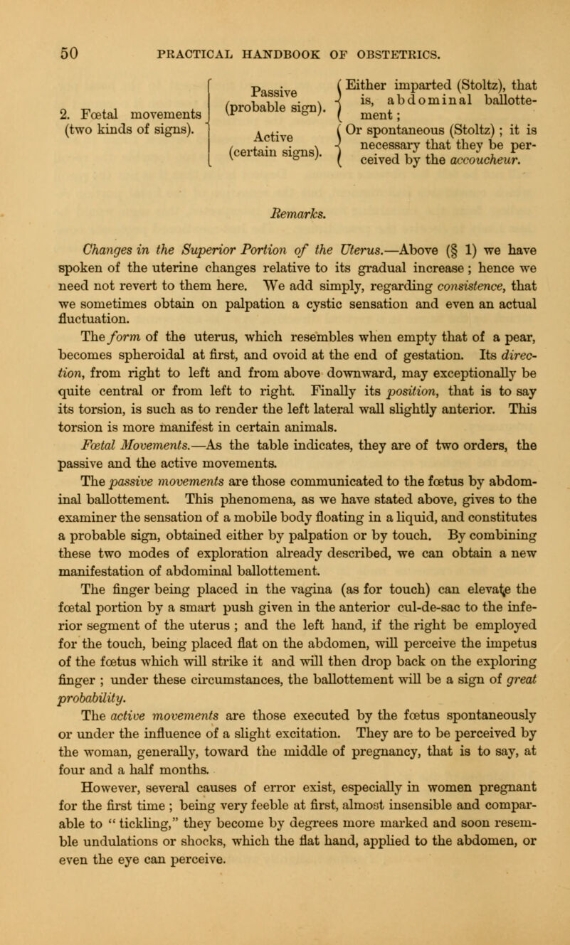2. Foetal movements (two kinds of signs). p • C Either imparted (Stoltz), that (probable'sigB). j ment * . • ( Or spontaneous (Stoltz); it is (certahTsigns). ] necessary that they be per- v ( ceived by the accoucheur. Remarks. Changes in the Superior Portion of the Uterus.—Above (§ 1) we have spoken of the uterine changes relative to its gradual increase; hence we need not revert to them here. We add simply, regarding consistence, that we sometimes obtain on palpation a cystic sensation and even an actual fluctuation. The form of the uterus, which resembles when empty that of a pear, becomes spheroidal at first, and ovoid at the end of gestation. Its direc- tion, from right to left and from above downward, may exceptionally be quite central or from left to right. Finally its position, that is to say its torsion, is such as to render the left lateral wall slightly anterior. This torsion is more manifest in certain animals. Foetal Movements.—As the table indicates, they are of two orders, the passive and the active movements. The passive movements are those communicated to the foetus by abdom- inal ballottement. This phenomena, as we have stated above, gives to the examiner the sensation of a mobile body floating in a liquid, and constitutes a probable sign, obtained either by palpation or by touch. By combining these two modes of exploration already described, we can obtain a new manifestation of abdominal ballottement. The finger being placed in the vagina (as for touch) can elevate the foetal portion by a smart push given in the anterior cul-de-sac to the infe- rior segment of the uterus ; and the left hand, if the right be employed for the touch, being placed flat on the abdomen, will perceive the impetus of the foetus which will strike it and will then drop back on the exploring finger ; under these circumstances, the ballottement will be a sign of great probability. The active movements are those executed by the foetus spontaneously or under the influence of a slight excitation. They are to be perceived by the woman, generally, toward the middle of pregnancy, that is to say, at four and a half months. However, several causes of error exist, especially in women pregnant for the first time ; being very feeble at first, almost insensible and compar- able to  tickling, they become by degrees more marked and soon resem- ble undulations or shocks, which the flat hand, applied to the abdomen, or even the eye can perceive.
