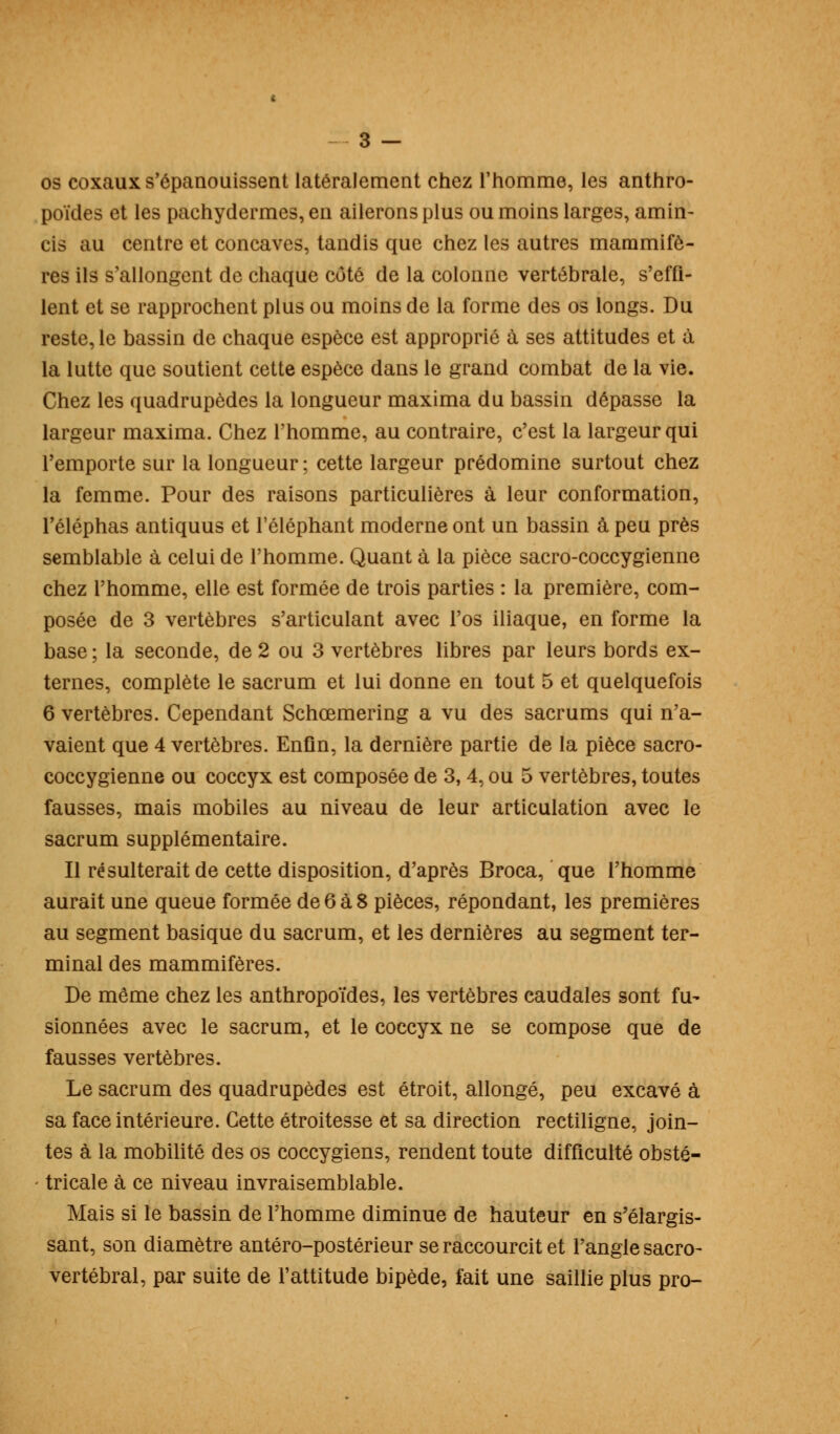 os coxaux s'épanouissent latéralement chez l'homme, les anthro- poïdes et les pachydermes, en ailerons plus ou moins larges, amin- cis au centre et concaves, tandis que chez les autres mammifè- res ils s'allongent de chaque côté de la colonne vertébrale, s'effi- lent et se rapprochent plus ou moins de la forme des os longs. Du reste, le bassin de chaque espèce est approprié à ses attitudes et à la lutte que soutient cette espèce dans le grand combat de la vie. Chez les quadrupèdes la longueur maxima du bassin dépasse la largeur maxima. Chez l'homme, au contraire, c'est la largeur qui l'emporte sur la longueur ; cette largeur prédomine surtout chez la femme. Pour des raisons particulières à leur conformation, l'éléphas antiquus et l'éléphant moderne ont un bassin à peu près semblable à celui de l'homme. Quant à la pièce sacro-coccygienne chez l'homme, elle est formée de trois parties : la première, com- posée de 3 vertèbres s'articulant avec l'os iliaque, en forme la base ; la seconde, de 2 ou 3 vertèbres libres par leurs bords ex- ternes, complète le sacrum et lui donne en tout 5 et quelquefois 6 vertèbres. Cependant Schcemering a vu des sacrums qui n'a- vaient que 4 vertèbres. Enfin, la dernière partie de la pièce sacro- coccygienne ou coccyx est composée de 3, 4, ou 5 vertèbres, toutes fausses, mais mobiles au niveau de leur articulation avec le sacrum supplémentaire. Il résulterait de cette disposition, d'après Broca, que l'homme aurait une queue formée de 6 à 8 pièces, répondant, les premières au segment basique du sacrum, et les dernières au segment ter- minal des mammifères. De même chez les anthropoïdes, les vertèbres caudales sont fu- sionnées avec le sacrum, et le coccyx ne se compose que de fausses vertèbres. Le sacrum des quadrupèdes est étroit, allongé, peu excavé à sa face intérieure. Cette étroitesse et sa direction rectiligne, join- tes à la mobilité des os coccygiens, rendent toute difficulté obsté- tricale à ce niveau invraisemblable. Mais si le bassin de l'homme diminue de hauteur en s'élargis- sant, son diamètre antéro-postérieur se raccourcit et l'angle sacro- vertébral, par suite de l'attitude bipède, fait une saillie plus pro-