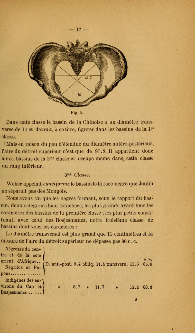 Fig. 5. Dans cette classe le bassin de la Chinoise a un diamètre trans- verse de 14 et devrait, à ce titre, figurer dans les bassins de la lre classe. Mais en raison du peu d'étendue du diamètre antéro-postérieur, Taire du détroit supérieur n'est que de 97.8.11 appartient donc à nos bassins de la 2me classe et occupe même dans cette classe un rang inférieur. 3mo Classe. Weber appelait cunéiforme le bassin de la race nègre que Joulin ne séparait pas des Mongols. Nous avons vu que les nègres forment, sous le rapport du bas- sin, deux catégories bien tranchées, les plus grands ayant tous les caractères des bassins de la première classe ; les plus petits consti- tuant, avec celui des Bosjesmanes, notre troisième classe de bassins dont voici les caractères : Le diamètre transversal est plus grand que 11 centimètres et la mesure de l'aire du détroit supérieur ne dépasse pas 86 c. c. Négresse du cen- tre et de la côte orient. d'Afrique.. Négritos et Pa- pous Indigènes des en- ' virons du Cap et Bosjesmanes D. ant.-post. 9.4 obliq. 11.4 transvers. 11.6 Aire, 85.6 8.7 11.7 12.2 83.3