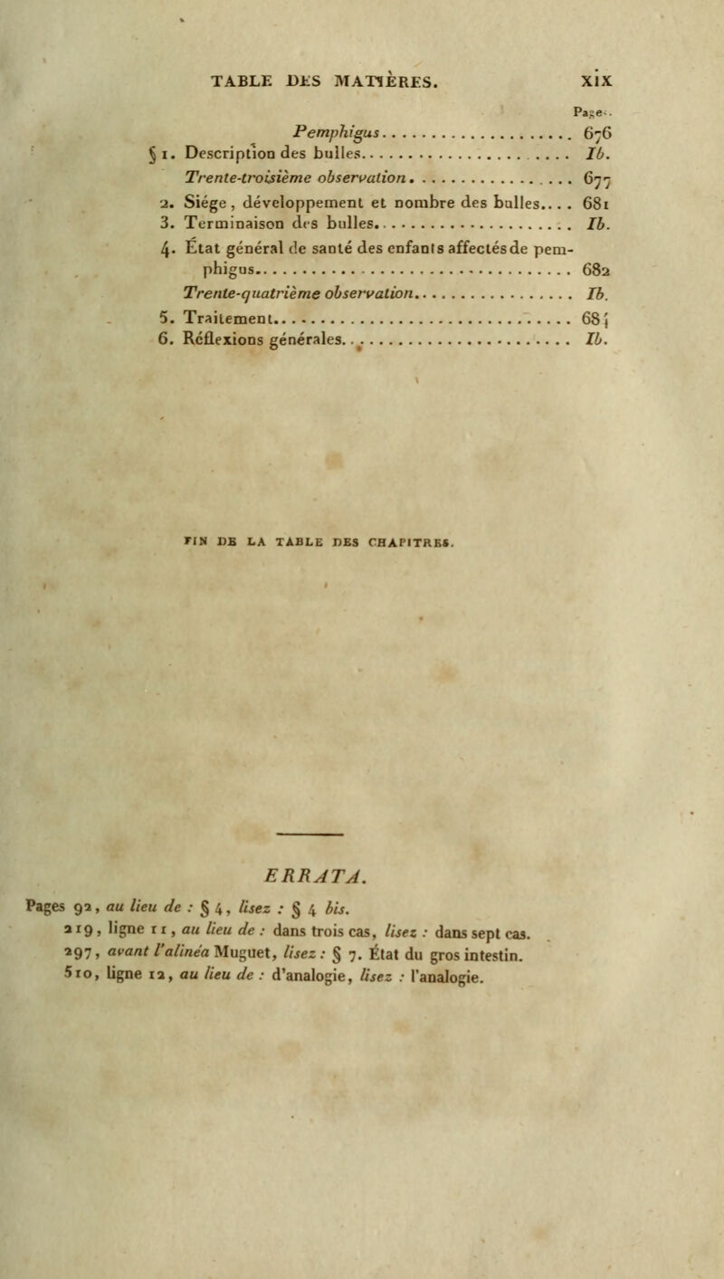 Pa^e . Pemphigus 676 § 1. Description des bulles Ib. Trente-troisième observation 677 ■2. Siège, développement et nombre des bulles.. . . 68i 3. Terminaison dts bulles. Ib. 4- Etat général de santé des enfants affectés de pem- phigus 682 Trente-quatrième observation Ib. 5. Traitement 68\ 6. Reflexions générales. Ib. FIN DE LA TABLE DES CHAPITRE*. ERRATA. Pages 92, au lieu de : § 4, lisez : § 4 bis. 219, ligne ii, au lieu de : dans trois cas, lisez : dans sept cas. 297, avant l'alinéa Muguet, lisez : § 7. État du gros intestin. 510, ligne 12, au lieu de : d'analogie, lisez : l'analogie.