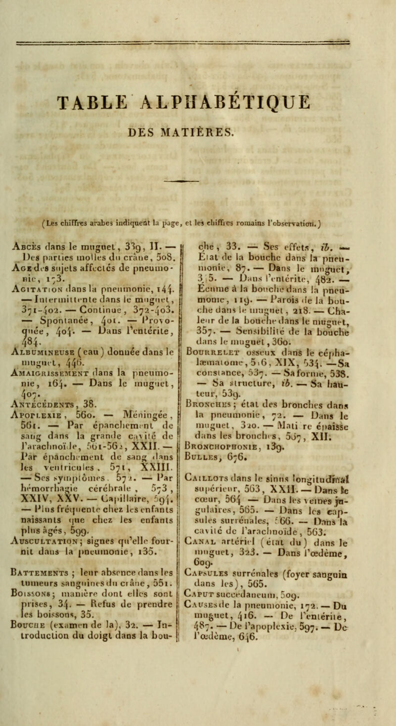 TABLE ALPHABETIQUE DES MATIÈRES. (Les chiffres arabes indiquent la ndCfe, et les chiffres romains l'observation.} Abcès dans le muguet, 33g, II. — Des parties molles du crâne, 5o8. Age des sujets affectes de pneumo- nie, i;3. Agitation dans la pneumonie, 144■ — Intermittente dans le muguet, 3-1-402. — Continue, 372-/jo3. — Spontanée, 4OI> — Prof- anée, !io\. — Dans lYntérile, 484- Albumineuse (eau ) donnée dans le muguet, 44''- Amaigiussement dans la pneumo- nie, 164. — Dans le muguet, 407. Antécédents, 38. Apoplexie , 56o. — Méningée , 56i. — Par épanchcmml île sang dans la grande c. 1 \ i! 1': de l'arachnoïde, :>oi-56^, XXII.— Par épanehement de sang dans les ventricules. 671, XXIII. — Ses symptômes. 57>.. — Par hémorrbasie cérébrale , 673 , XXIV, \\\. — Capillaire, 5gf. — Plus fréquente chez les enfants naissants une chez les enfants plus âgés, 599. Auscultation ; signes qu'elle four- nit dans la pneumonie, i35. Battements ; leur absence dans 1rs tumeurs .sanguines du ci âne, 55i. Boissons 5 manière dont elles sont f)rises, 34. — Refus de prendre es boissons, 35. Bouche (examen de la), 3-2. — In- troduction du doigt dans la bou- che , 33. — Ses effet*', ih. — Etat de la bouche dans la pneu- monie, 87.— Dans le muguet, 3, 5. — Dans l'entérite, 482. — Écume à la bouche dans la pneu- monie, 119. — Parois dé la bou- che dans ii- muguet . 218. — Cha- leur de la bouche dans le muguet, 357. — Sensibilité de la bouche dans le muguet, 36o. Bourrelet osseux dans le cépha- laeinatonic, 5.6, XIX, f>3}. —Sa constance, 53^, — Sa forme, 538. — Sa .structure, ib. — Sa hau- teur, 539. Bronches; état des bronches dans la pneumonie, 72. — Dans le muguet, 3jo. — iMaii re épaisse dans les bronches, 607, XII. Bronchophonie, 139. Bulles, G76. Caillots dans le sinus longitudinal supérieur, 563, XXII. — Dans ïc cœur, 564 — Dans les \ eines ju- gulaires, 565. — Dans les cap- sules surrénales, ;66. — Dans la ca\iié de l'arachnoïde, 563. Canal artériel (état du) dans le muguet, 3*23. — Dans l'œdème, 609. Cap.nules surrénales (foyer sanguin dans les), 565. Caput succedaueuni, S09. CAVSSSrle la pneumonie, 172.—Du muguet, 416. — De l'entérite, 4^7* — De l'apoplexie; 597. — De l'œdème, 646.