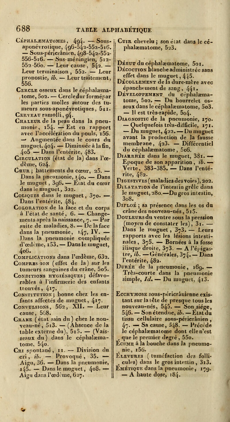 Céphal^emAtomes , 494* —Sous- aponévrolique, 496-542-552-5i6. — Sous-péricrânien, 498-542-552- 556-5i6. — Sus-méningien, 5i2- 552-56o. — Leur cause, 542. — Leur terminaison , 552. — Leur pronostic, ib. — Leur traitement, 556. Cercle osseux dans le céphalœma- tome, 5o2. — Cercledurforméf.ar les parties molles autour des tu- meurs sous-aponévrotiques, 5ii. Cerveau ramolli ,94. Chaleur de la peau dans la pneu- monie, i54» —Est en rapport avec l'accélération du pouls, i56. —* Augmentée dans le cours du muguet, 4o4« — Diminuée à la fin, 4o5 — Dans l'entérite, 483. Circulation (état de la) dans l'œ- dème, 624. Cœur ; battements du cœur, 25. — Dans la pneumonie, 140. — Dans le muguet, 3g6. — Etat du cœur dans le muguet, 322. Coliques dans le muguet, 070. •— Dans l'entérite, 484- Coloration de la face et du corps à l'état de santé, 6. — Change- ments après la naissance, 7. — Par suite de maladies, 8. — De la face dans Ja pneumonie, 147, IV. — Dans la pneumonie compliquée d'œdème, i53.— Dans le muguet, 4o6. Complications dans l'œdème, 632. Comprbs ion (effet de Ja) sur les tumeurs sanguines du crâne, 5o5. Conditions hygiéniques; défavo- rables à l'infirmerie des enfants trouvés, 4J7« Constitution ; bonne chez les en- fants affectés de muguet, 4X7- Convulsions, 5G2, XII. — Leur cause, 568. Crâne (état sain du) chez le nou- veau-né, 5i3. — (Absence de la table externe du), 5i5. — (Vais- seaux du) dans le céphalaema- tome, 54o. Cri spontané, 11. — Division du cri, ib- — Provoqué , 35. —- Aigu, 36. —Dans la pneumonie, i45. — Dans le muguet, 4°8- —- Aigu dans l'œdème, 627. Cuir chevelu ; son état dans le cé- phalaematome, 523. Début du céphalaemalome, 5oi. Décoction blanche administrée sans effet dans le muguet, 4^5. Décollement delà dure-mère avec épanchement de sang, 441» Développement du céphalaema- lome, 5o2. — Du bourrelet os- seux dans le céphalaematome, 5o3. — Il est très-rapide, 5o4» Diagnostic de la pneumonie, 170. — Quelquefois très-difficile, 171. — Du muguet, 422. — Du muguet avant la production de la fausse membrane, 4s3. — Différentiel du céphalaematome, 5o6. Diarrhée dans le muguet, 38i. — Epoque de son apparition , ib. —« Verte, 383-385. — Dans l'enté- rite, 482. Digestives (maladies des voies), 202. Dilatation de l'intestin grêle dans le muguet, 280.—Du gros intestin, 3o8.r Difloé ; sa présence dans les os du crâne des nouveau-nés, 5l5. Douleurs du ventre sous la pression (moyen de constater les), 3i. — Dans le muguet , 373. — Leurs rapports avec les lésions intesti- nales , 375. — Bornées à la fosse iliaque droite, 373.— A l'épigas- tre, ib. —Générales, 374. —Dans l'entérite, 482. Durée de la pneumonie, 169. — Très-courte dans la pneumonie simple, Ici, — Du muguet, 4i3. Ecchymose sous-péricrânienne exis- tant sur la tête de presque tous les nouveau-nés, 545. — Son^siége, 546. — Son étendue, ib. —Etat du tissu cellulaire sous-péricrânien , 47. — Sa cause, 548. — Précède le céphalaematome dont elle n'est , que le premier degré , 55o. Ecume à la bouche dans la pneumo- nie, i56. Elevures ( tuméfaction des folli* p cules) dans le gros intestin , 3i3. Emétique dans !a pneumonie, 179. — A haute dose, 184.