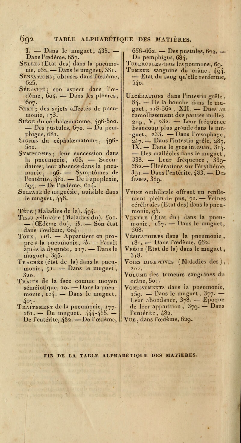 69- TABLE ALPHABETIQUE DES MATIERES. 435. I. — Dans le muguet Dans l'œdème, 657. Selles (Etat des) dans la pneumo- nie, 162. — Dans le muguet, 381. Sensations: obtuses dans l'œdème, 625. Sérosité ; son aspect dans l'œ- dème, 604.— Dans les plèvres, 607. Sexe ; des sujets affectés de pneu- monie, 173. Siège du céphalaematome, 496-000. — Des pustules, 670. — Du pem- phigus, 681. Signes du céphalaematome, 49^- 5oi. Symptômes ; leur succession dans la pneumonie, 168. — Secon- daires; leur absence dans la pneu- monie, 196. — Symptômes de l'entérile, 4S1. — De l'apoplexie, 597. — De l'œdème, G14. Sulfate de magnésie, nuisible dans le muguet, l\l[6. Tête (Maladies de la), 494- Tissu cellulaire (Maladies du), 601. — (Œdèn:e du), ib. — Son état dans l'œdème, 6o4« Toux, 116. — Appartient en pro- pre à la pneumonie, ib. — Paraît api es la dyspnée , 117.—-Dans le muguet, 395. Trachée (état de la) dans la pneu- monie, 71. — Dans le muguet, 320. Traits de la séméiolique monie, lbt\. 4°7- Traitement de la pneumonie, 177- 181.— Du muguet, 444*4^5-— De l'entérite, 482. —De l'œdème, face comme moyen 10. —Dans la pneu- ans le mueuet, - D 656-662. — Des pustules, 6^2. — Du pemphigu.s, 68^. Tubercules dans les poumons, 69. Tumeur sanguine du crâne, 49 f- — Etat du sang qu'elle renferme, 54o. Ulcérations dans l'intestin grêle , 84. — De la bouche dans le mu- guet, '2iS-36a , XII. — Dues au ramollissement des parties molles, 219, V, 23'2. — Leur fréquence beaucoup plus grande dans le mu- guet, 233. —Dans l'œsophage, 247. — Dans l'intestin grêle, 287, IX.— Dans le gros intestin, 3il«- — Des malléoles dans le muguet , 338. — Leur fréquence , 33g- 3Ô2.— Ulcérations sur l'érythème, 3gi.— Dans l'entérite, 483. •— Des fesses, 389. Veine ombilicale offrant un renfle- ment plein de pus, 71. — Veines cérébrales (Etat des) dans la pneu- monie, 95. Ventre (Etat du) dans la pneu- monie, 157. — Dans le muguet, 368. Vésicatoires dans la pneumonie , i8<>. — Dans l'œdème, 662. Vessie (Etat de la) dans le muguet, 3i8. Voies digestives (Maladies des), 2ov. Volume des tumeurs sanguines du crâne, 5oi. Vomi'SSEMENts dans la pneumonie, 159. — Dans le muguet, 377. — Leur abondance, 378. — Epoque de leur apparition , 379. — Dans l'entérite, 482. Vue , dans l'œdème, 629. FIN DE LA TABLE ALPHABÉTIQUE DES MATIÈRES.